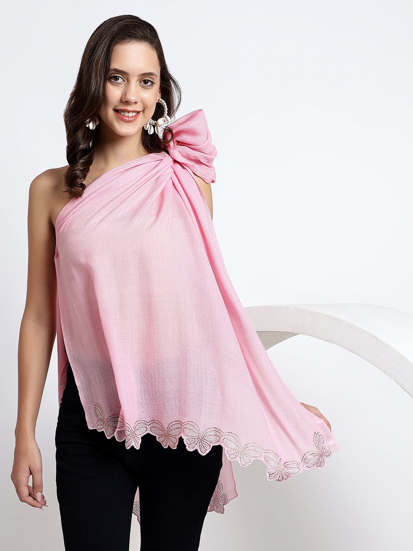 Enhance your bridal ensemble with our exquisite light pink shawl, perfect for weddings and dresses. This pink color shawl adds a touch of elegance to any outfit, making it an ideal accessory for your special day.
