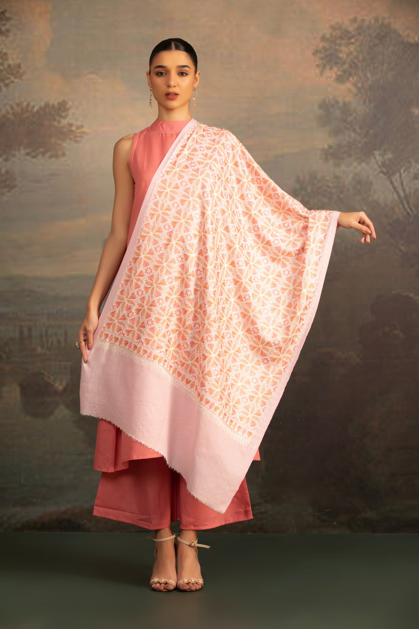 Pink Shawl with Embroidery