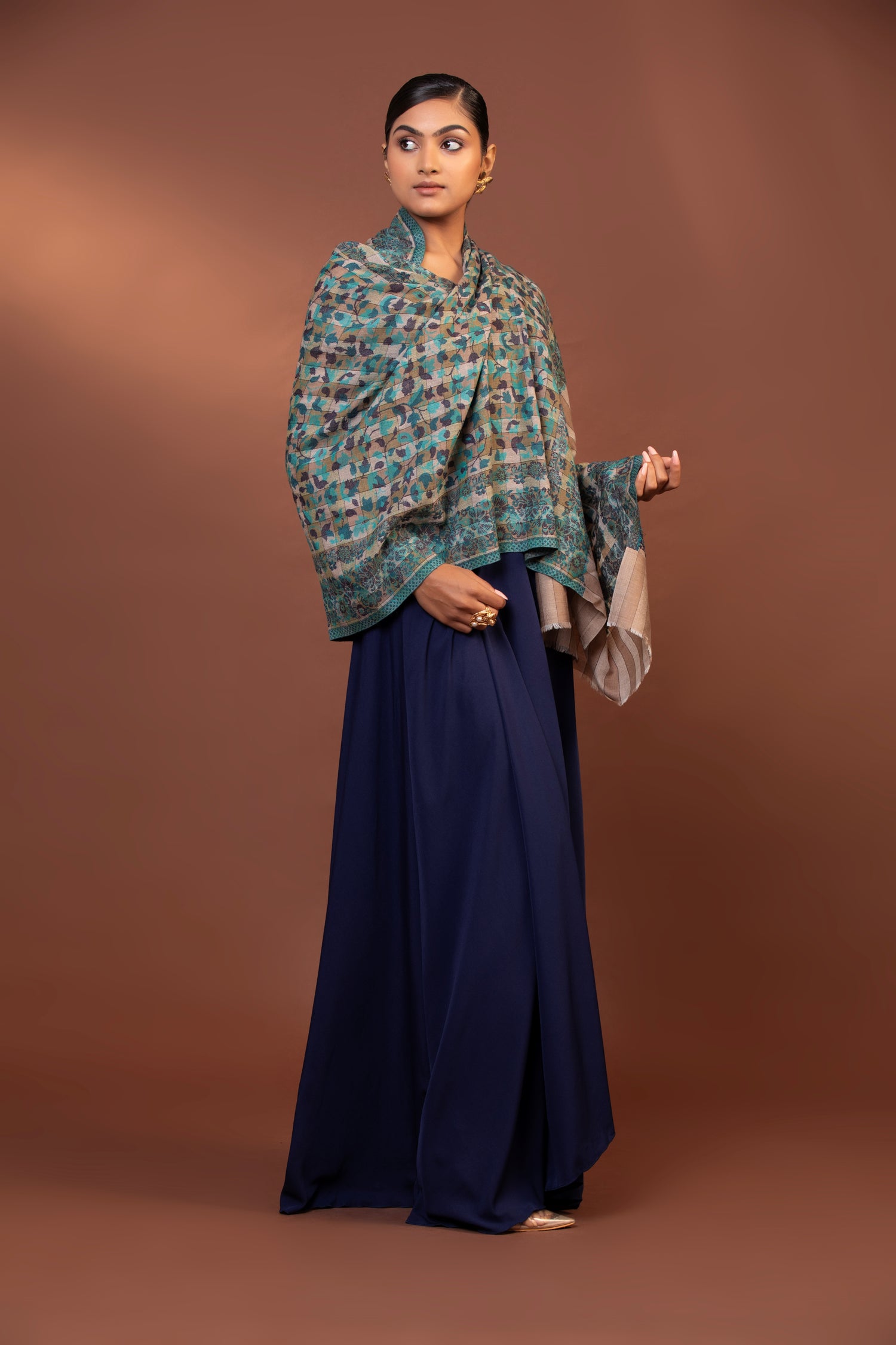 blue checked shawl, floral design wool shawl, fine wool shawl, striped border wrap, checked floral shawl
