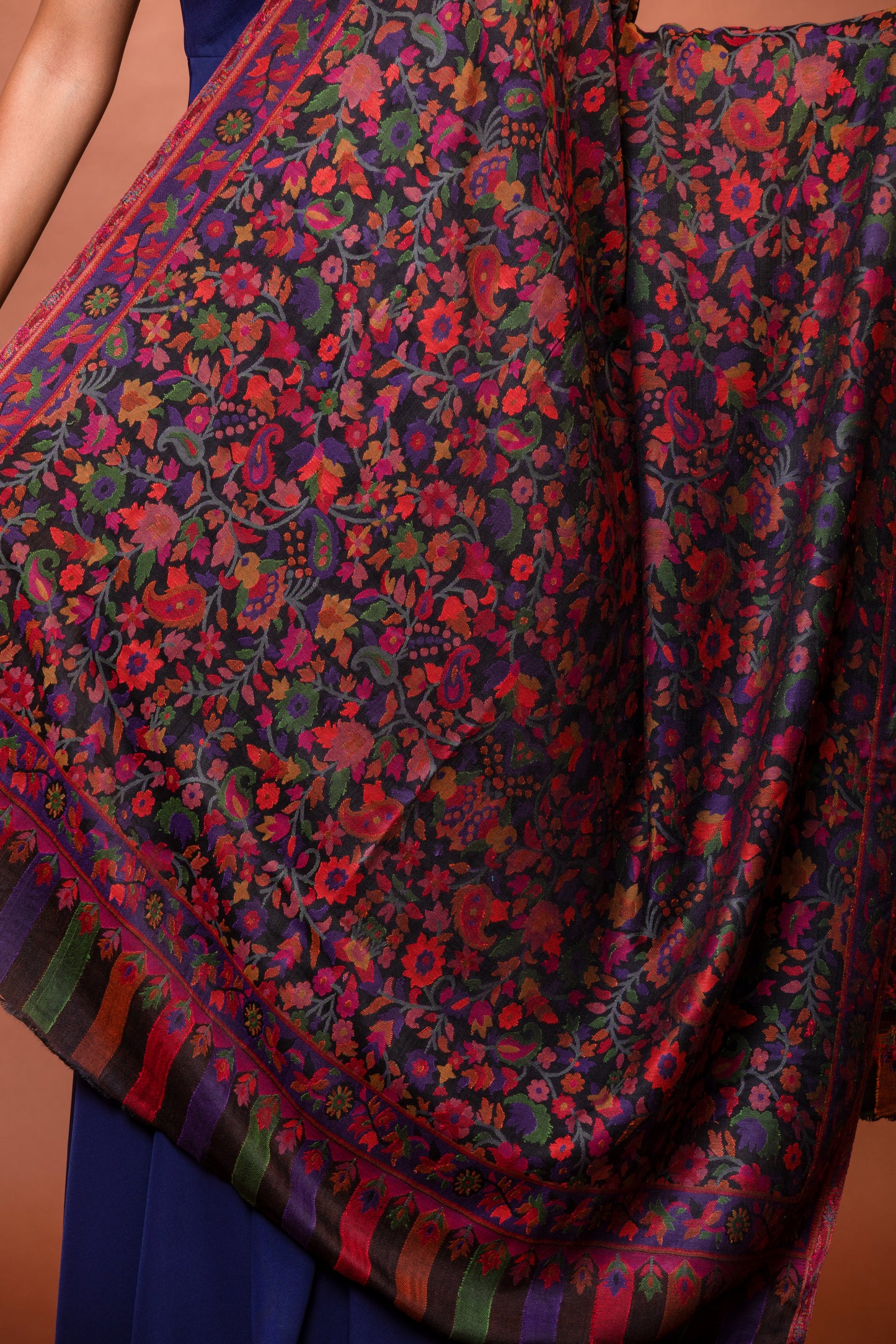 Navy Blue Kani Weave Viscose Shawl - Elegant & Lightweight Wrap
