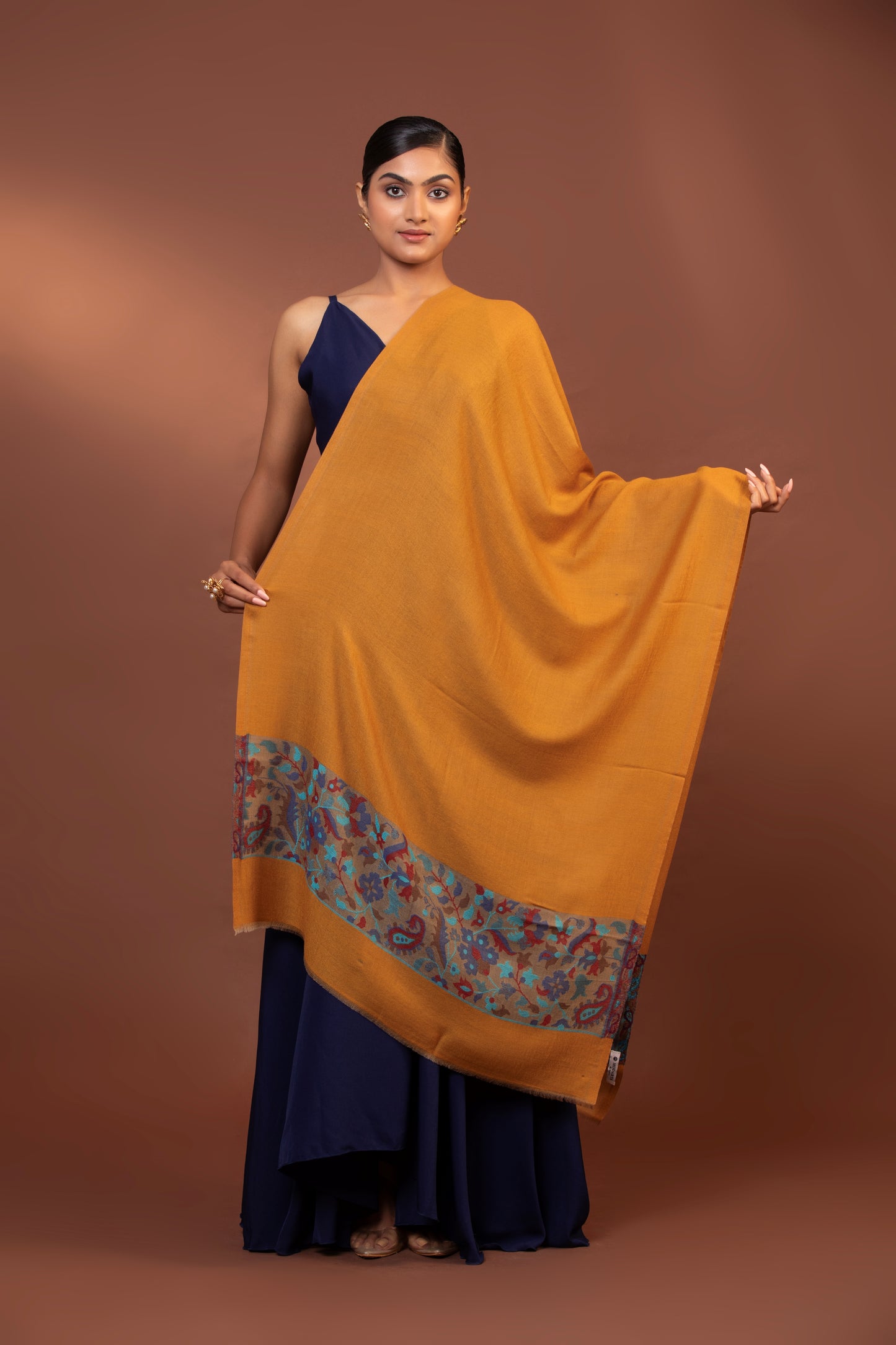 yellow wool shawl, embroidered border shawl, women’s fine wool wrap, elegant wool shawl, stylish embroidered shawl