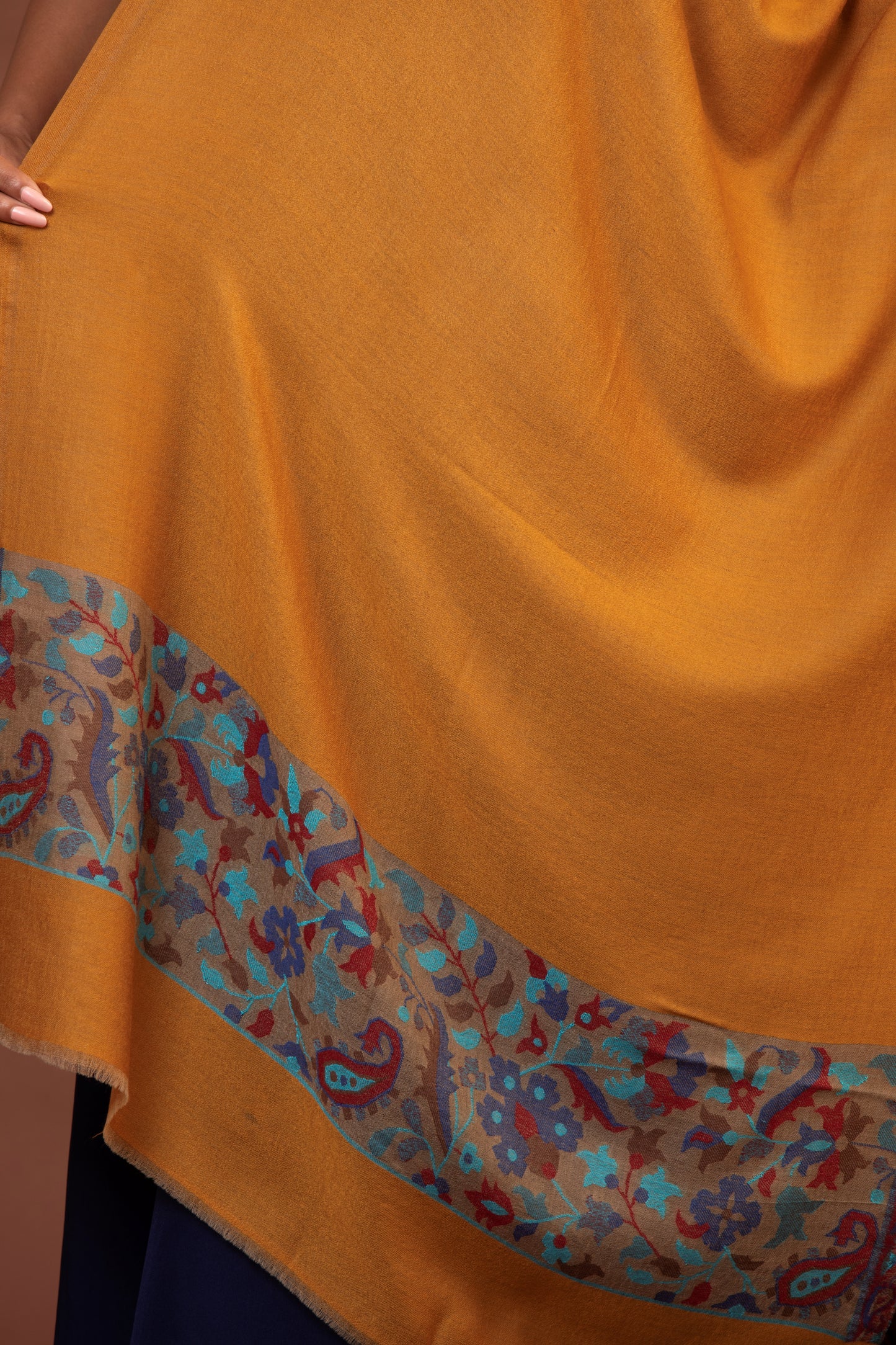 yellow wool shawl, embroidered border shawl, women’s fine wool wrap, elegant wool shawl, stylish embroidered shawl