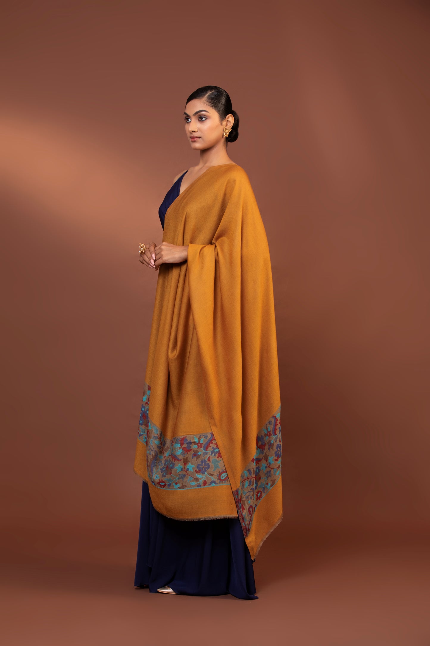 yellow wool shawl, embroidered border shawl, women’s fine wool wrap, elegant wool shawl, stylish embroidered shawl
