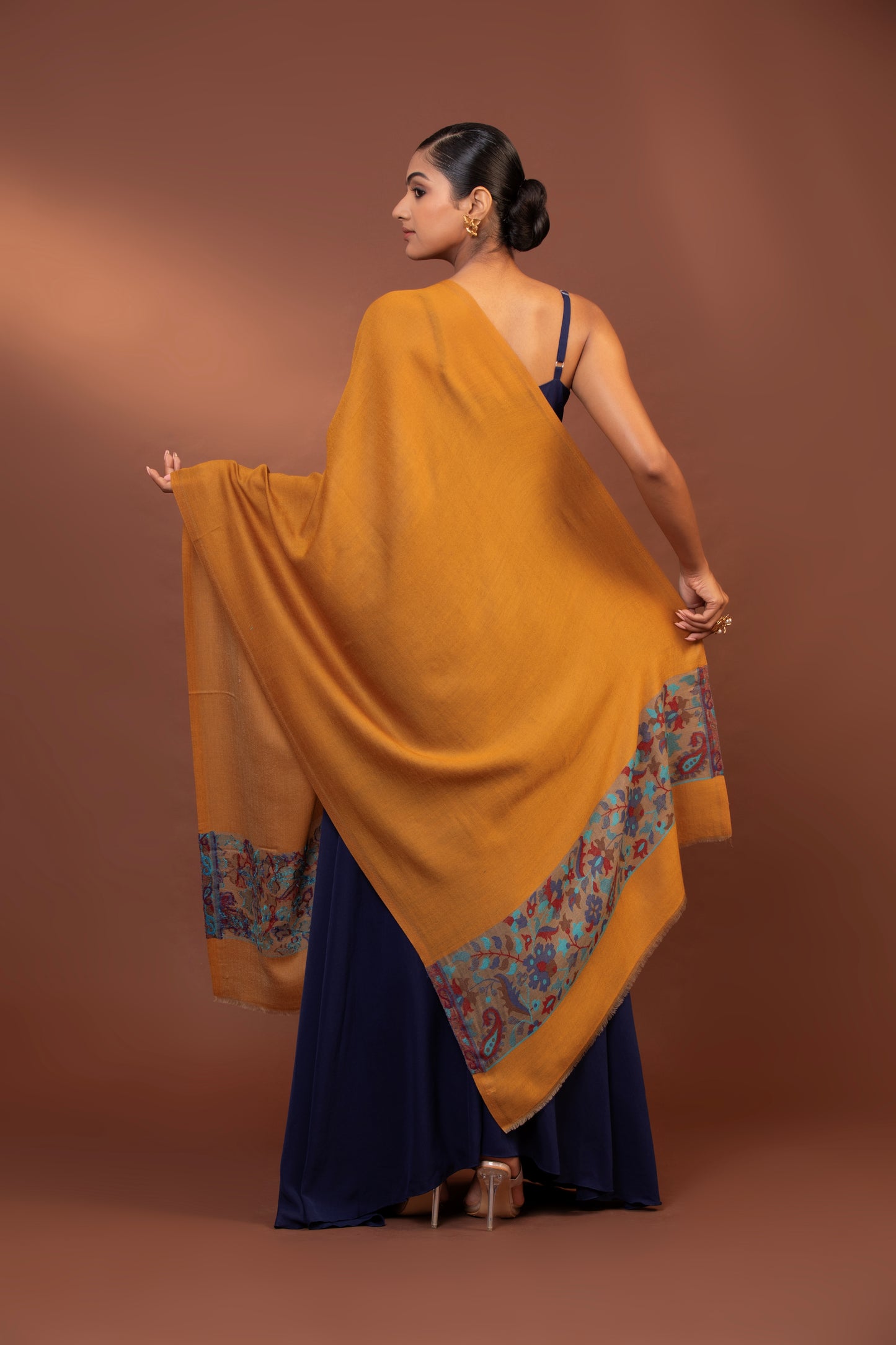 yellow wool shawl, embroidered border shawl, women’s fine wool wrap, elegant wool shawl, stylish embroidered shawl