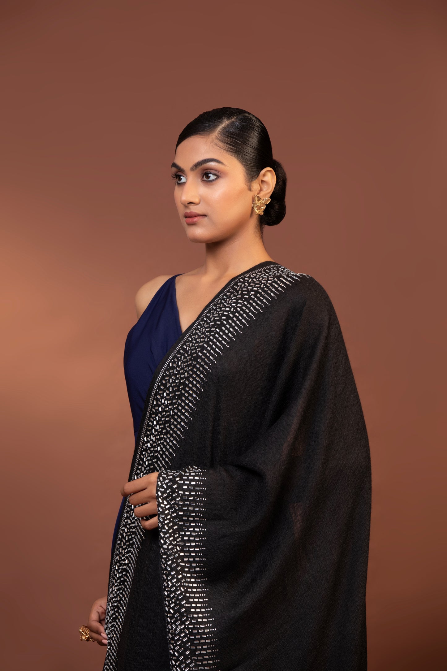 black wool shawl, Swarovski crystal shawl, handcrafted formal stole, elegant black stole, fine wool evening accessory, Women shawl
