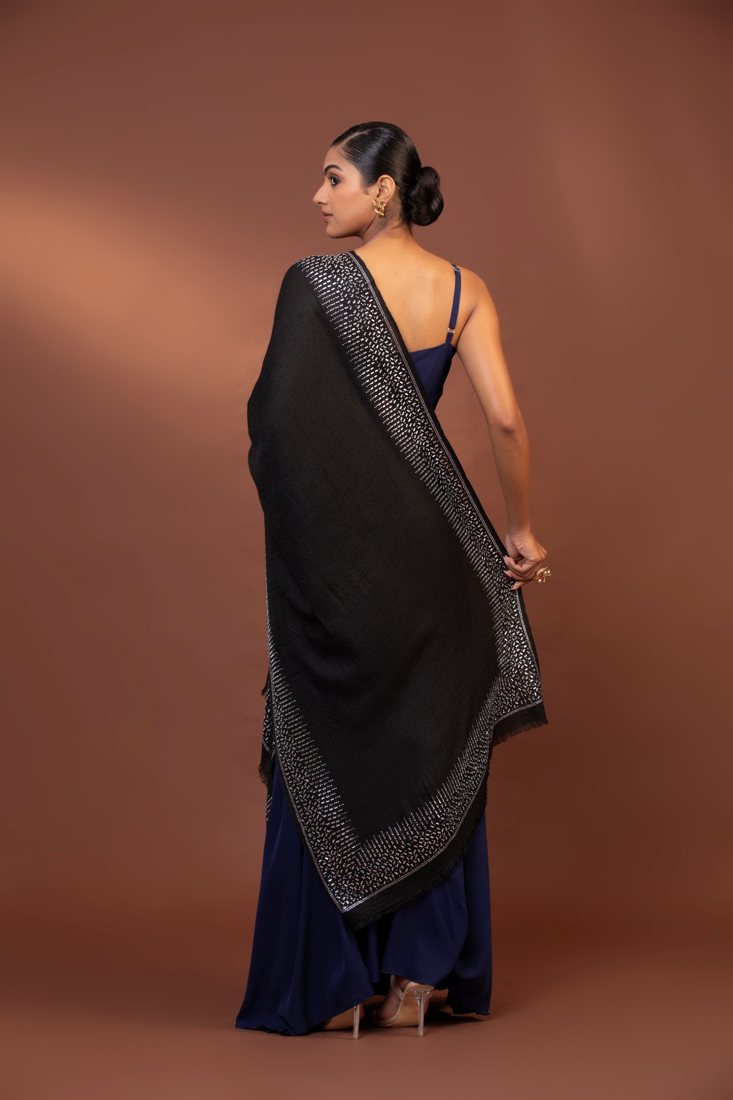 black wool shawl, Swarovski crystal shawl, handcrafted formal stole, elegant black stole, fine wool evening accessory, Women shawl