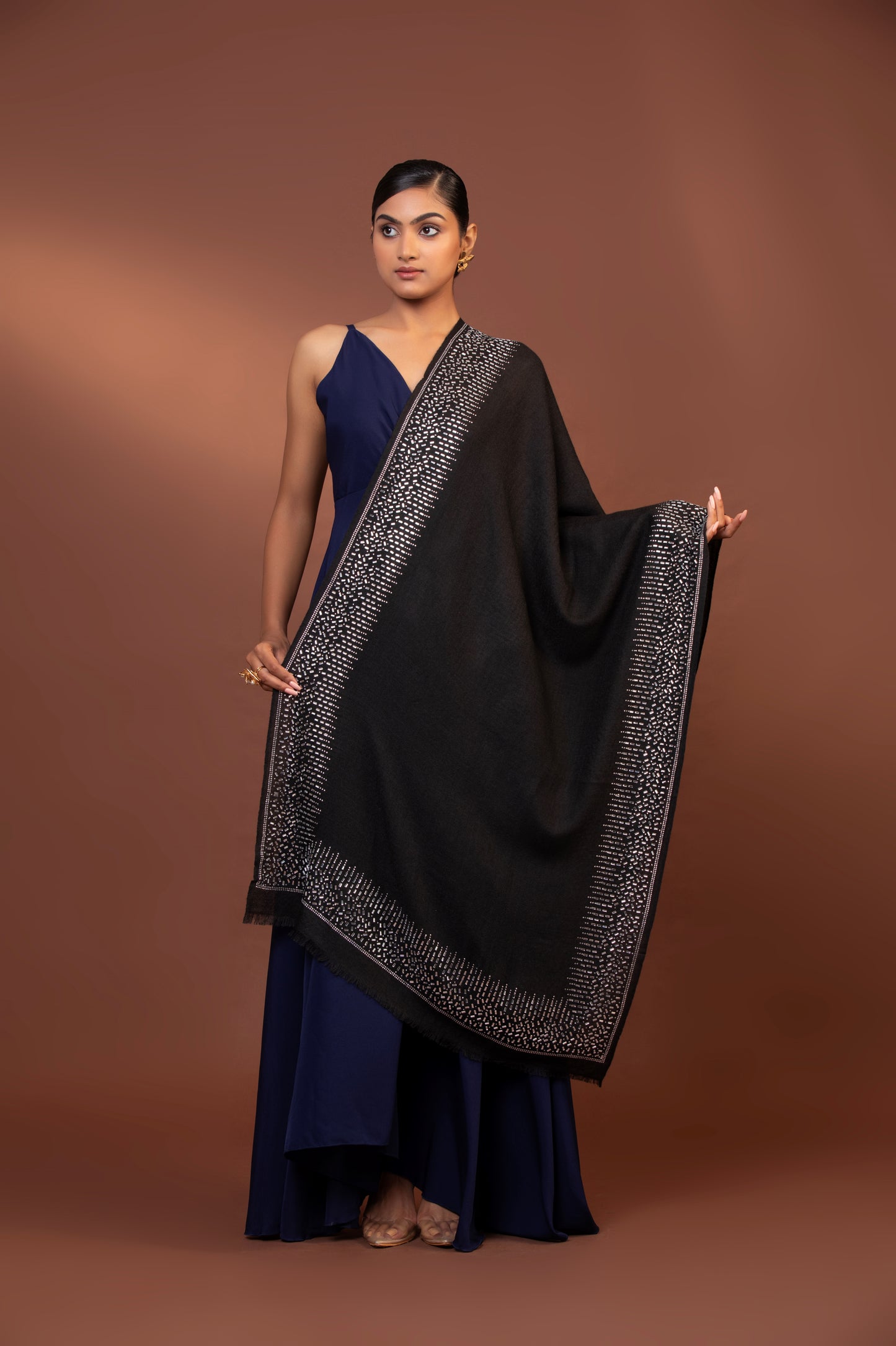 black wool shawl, Swarovski crystal shawl, handcrafted formal stole, elegant black stole, fine wool evening accessory, Women shawl