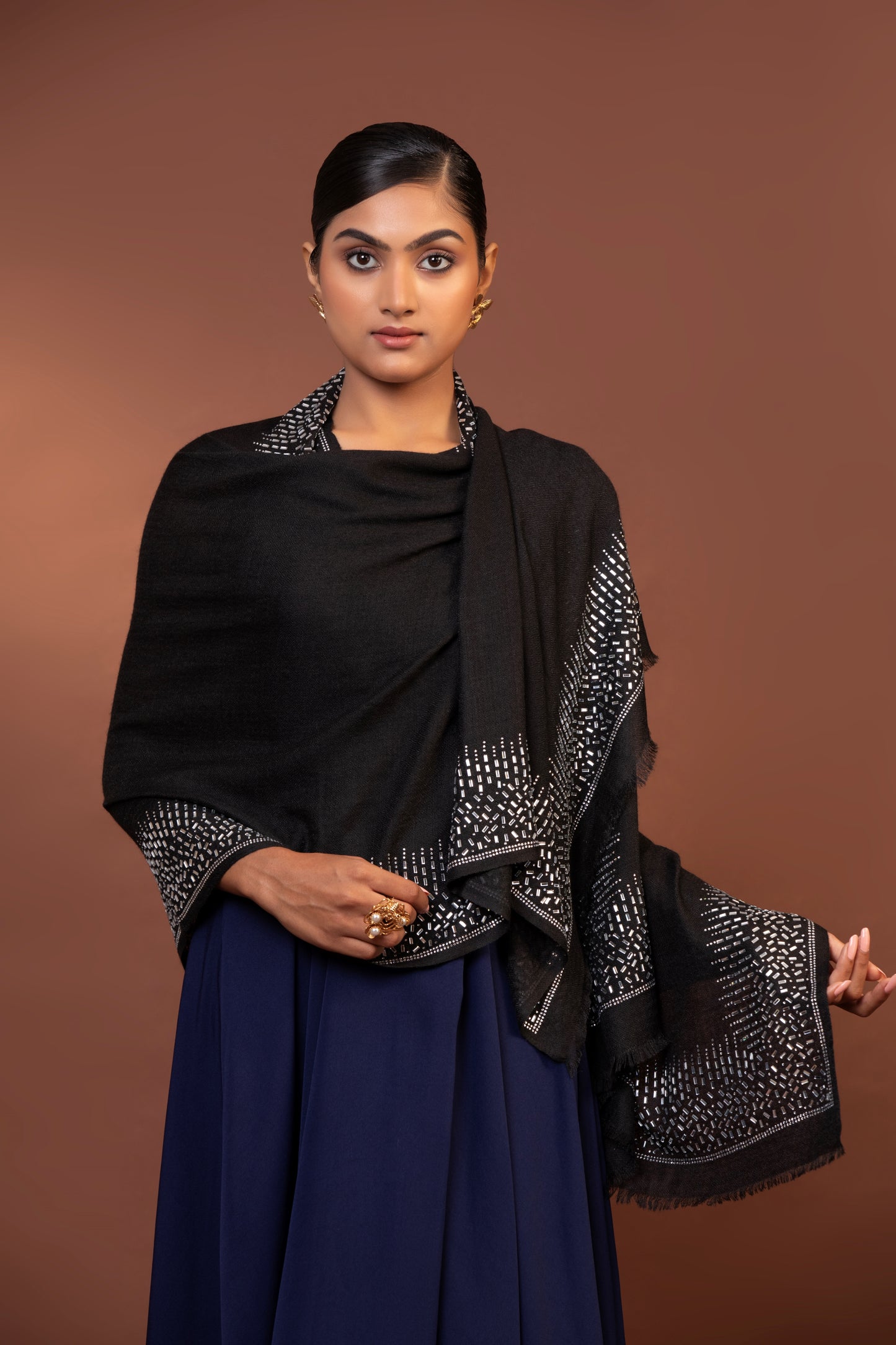black wool shawl, Swarovski crystal shawl, handcrafted formal stole, elegant black stole, fine wool evening accessory, Women shawl