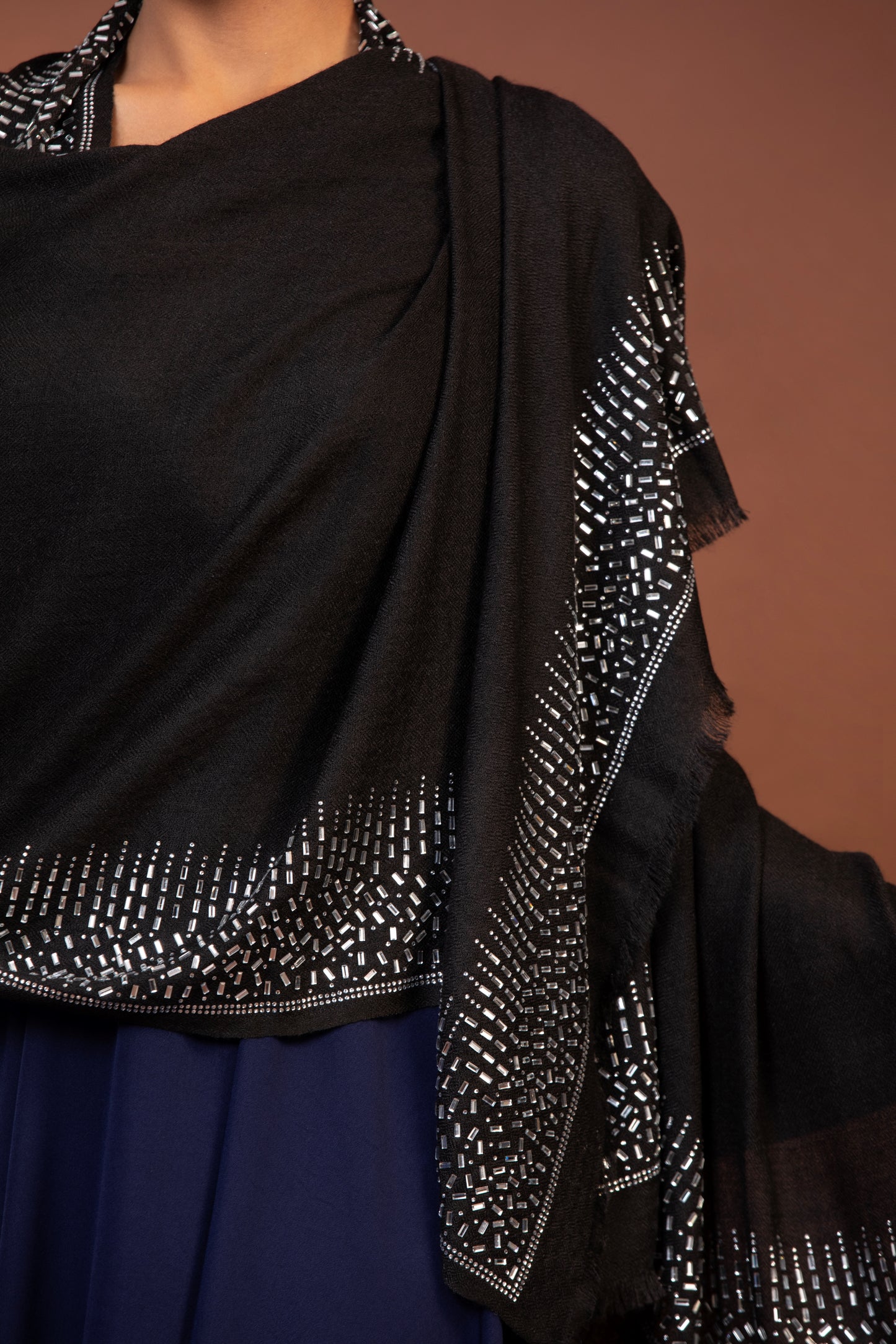 black wool shawl, Swarovski crystal shawl, handcrafted formal stole, elegant black stole, fine wool evening accessory, Women shawl