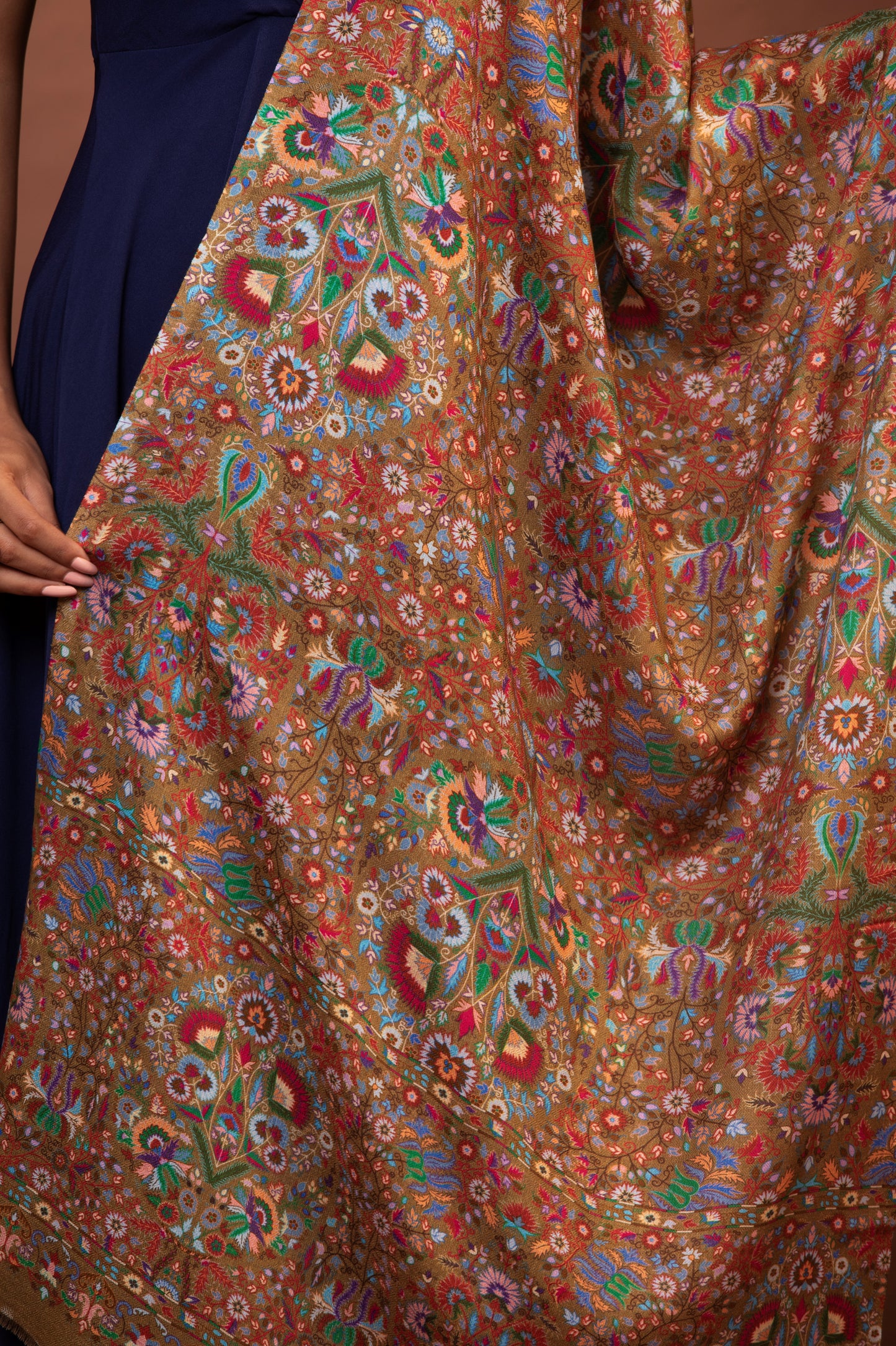 multicoloured viscose shawl, handmade Kalamkari shawl, embroidered women’s shawl, unique viscose wrap, Kalamkari embroidery shawl