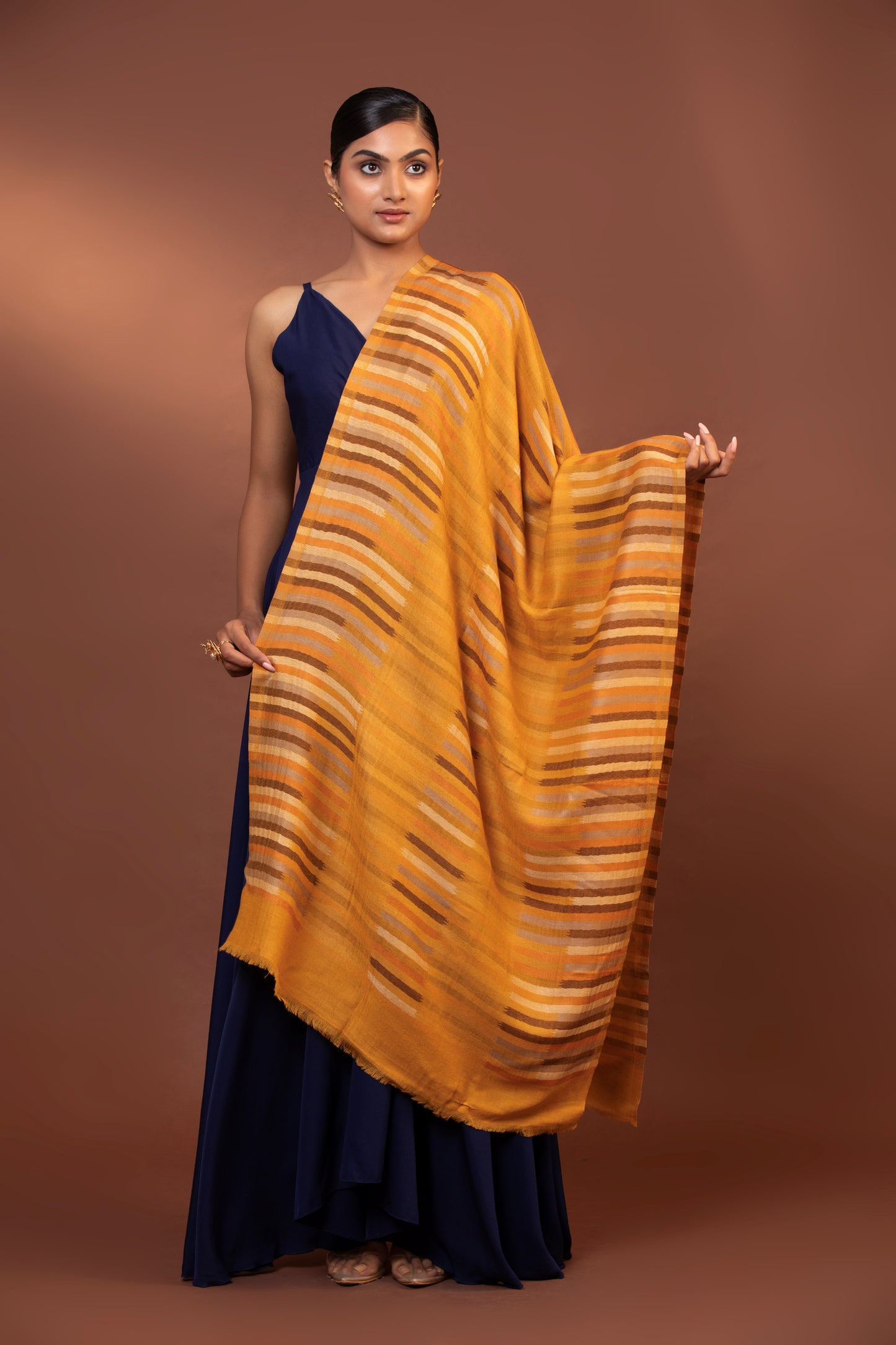 yellow striped shawl, fine wool shawl, striped wool wrap, elegant yellow shawl, warm woolen shawl