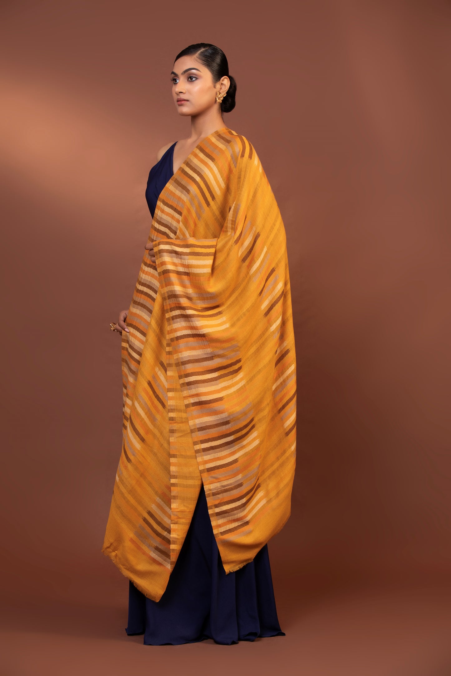 yellow striped shawl, fine wool shawl, striped wool wrap, elegant yellow shawl, warm woolen shawl
