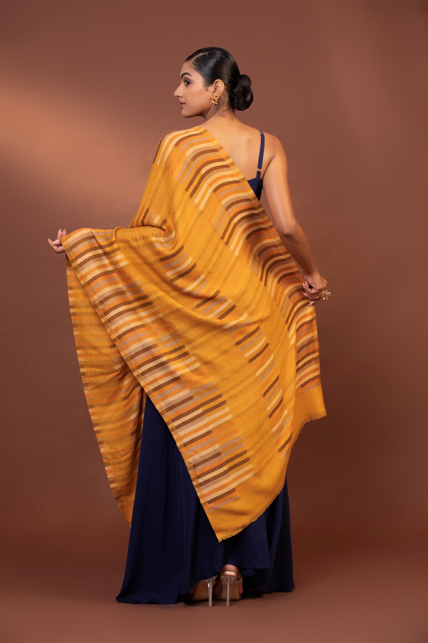 yellow striped shawl, fine wool shawl, striped wool wrap, elegant yellow shawl, warm woolen shawl