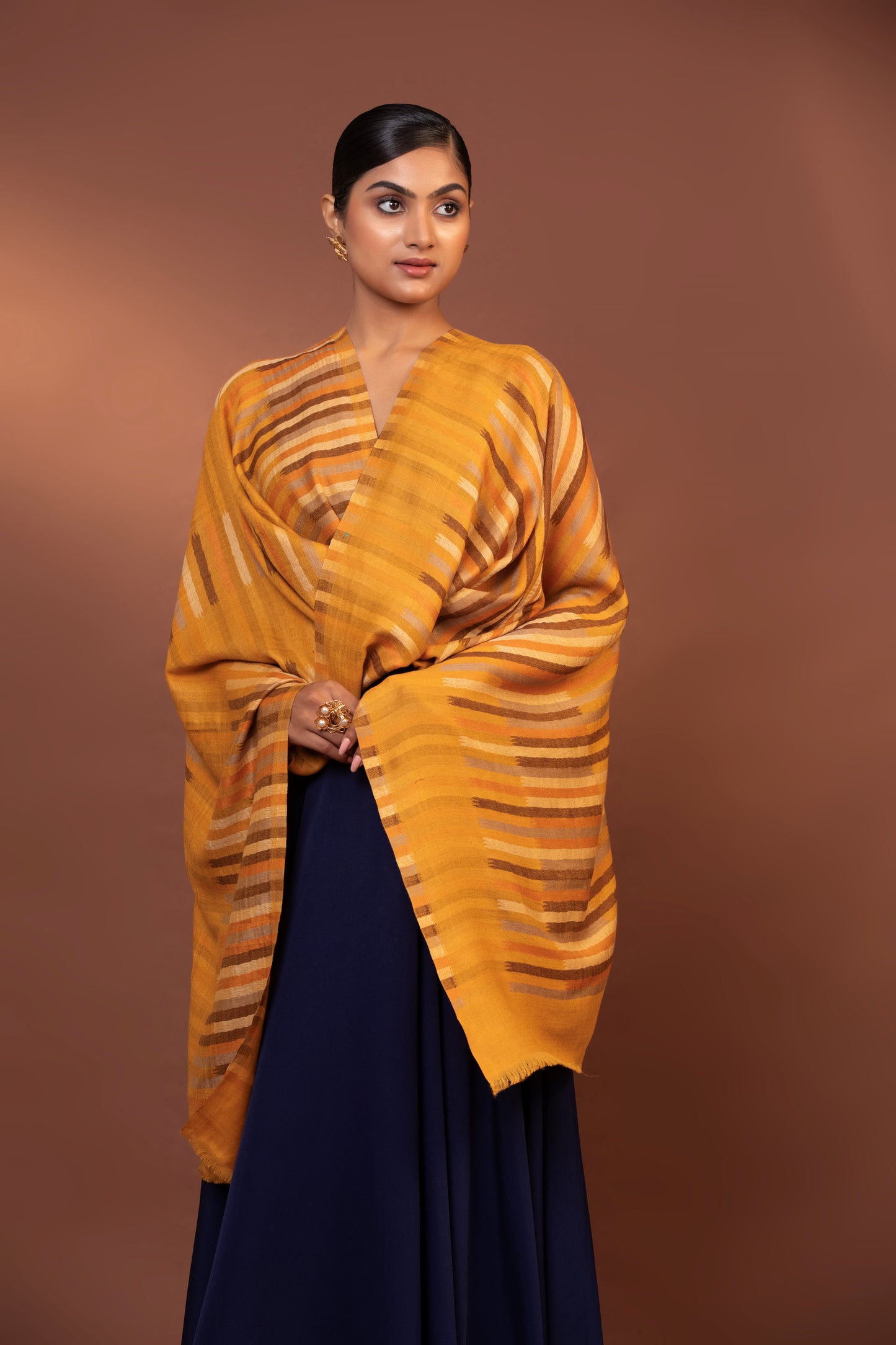 yellow striped shawl, fine wool shawl, striped wool wrap, elegant yellow shawl, warm woolen shawl