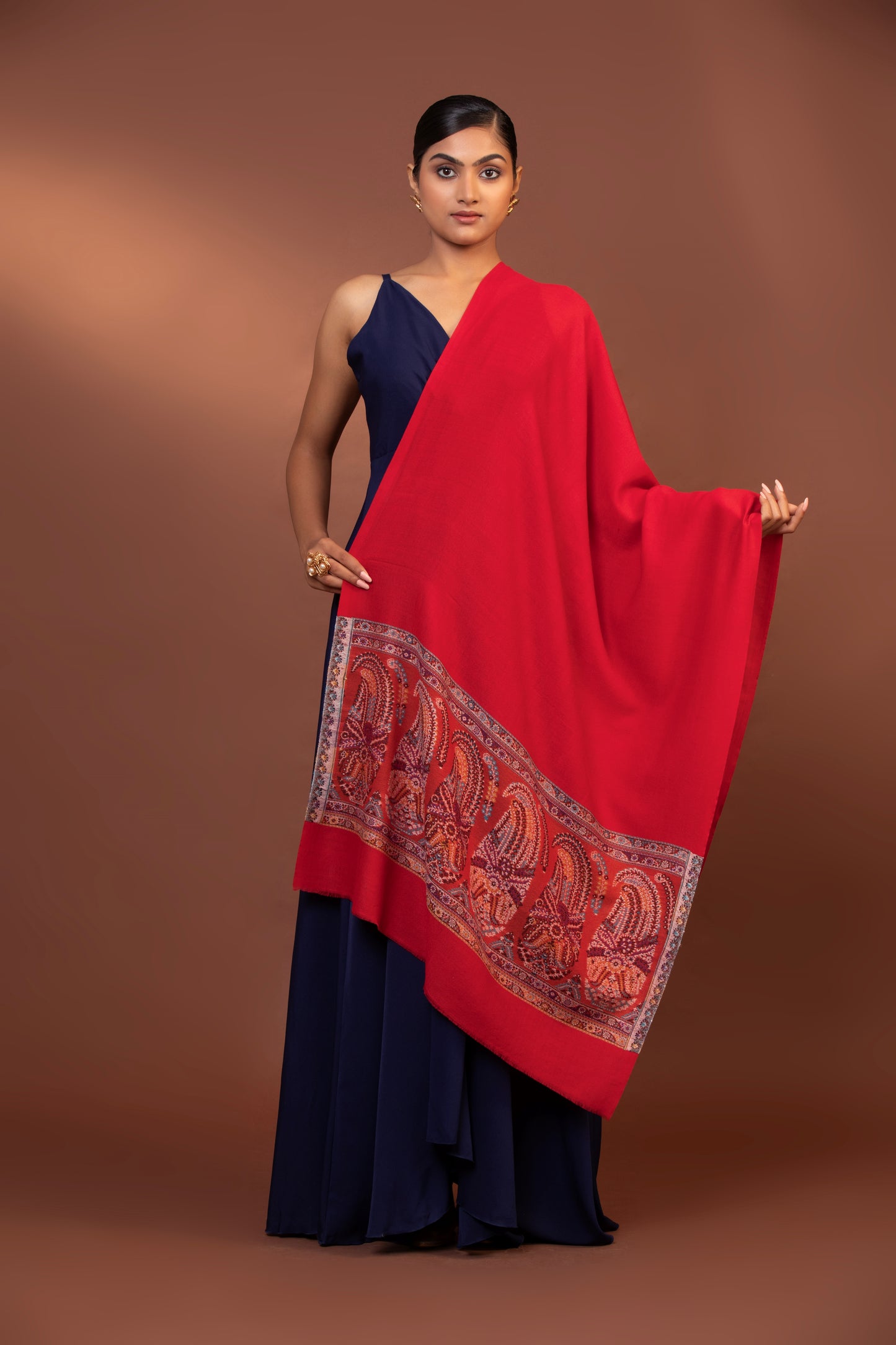 red wool shawl, embroidered border shawl, fine wool wrap, luxury women's shawl, elegant shawl