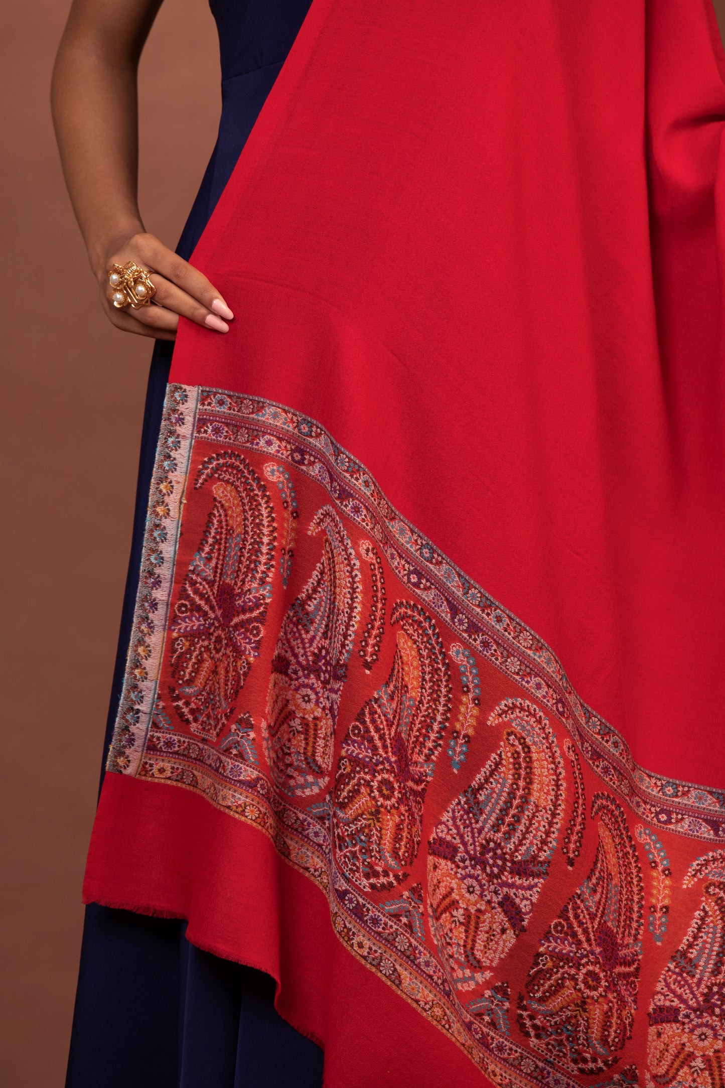 red wool shawl, embroidered border shawl, fine wool wrap, luxury women's shawl, elegant shawl