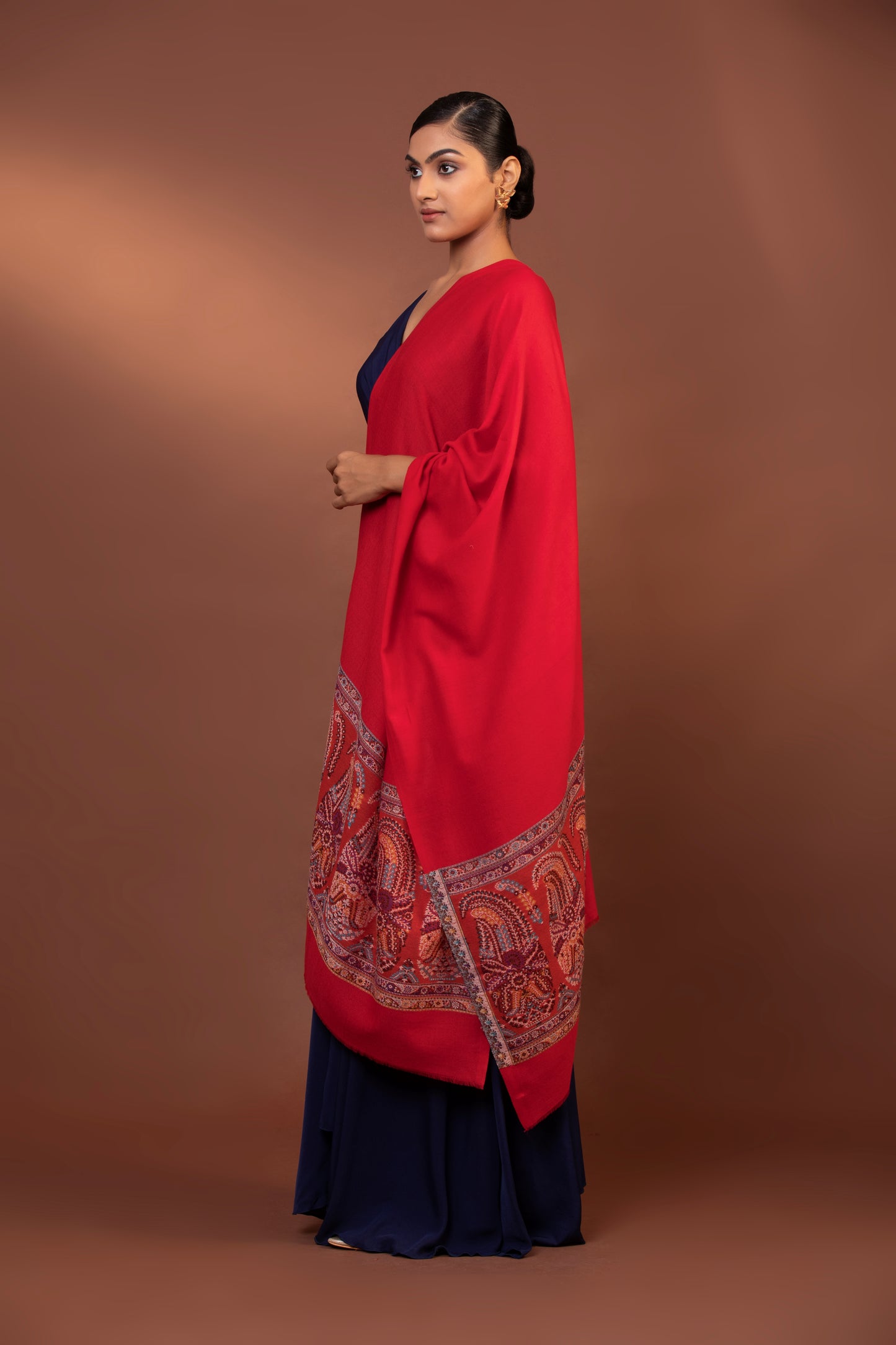 red wool shawl, embroidered border shawl, fine wool wrap, luxury women's shawl, elegant shawl