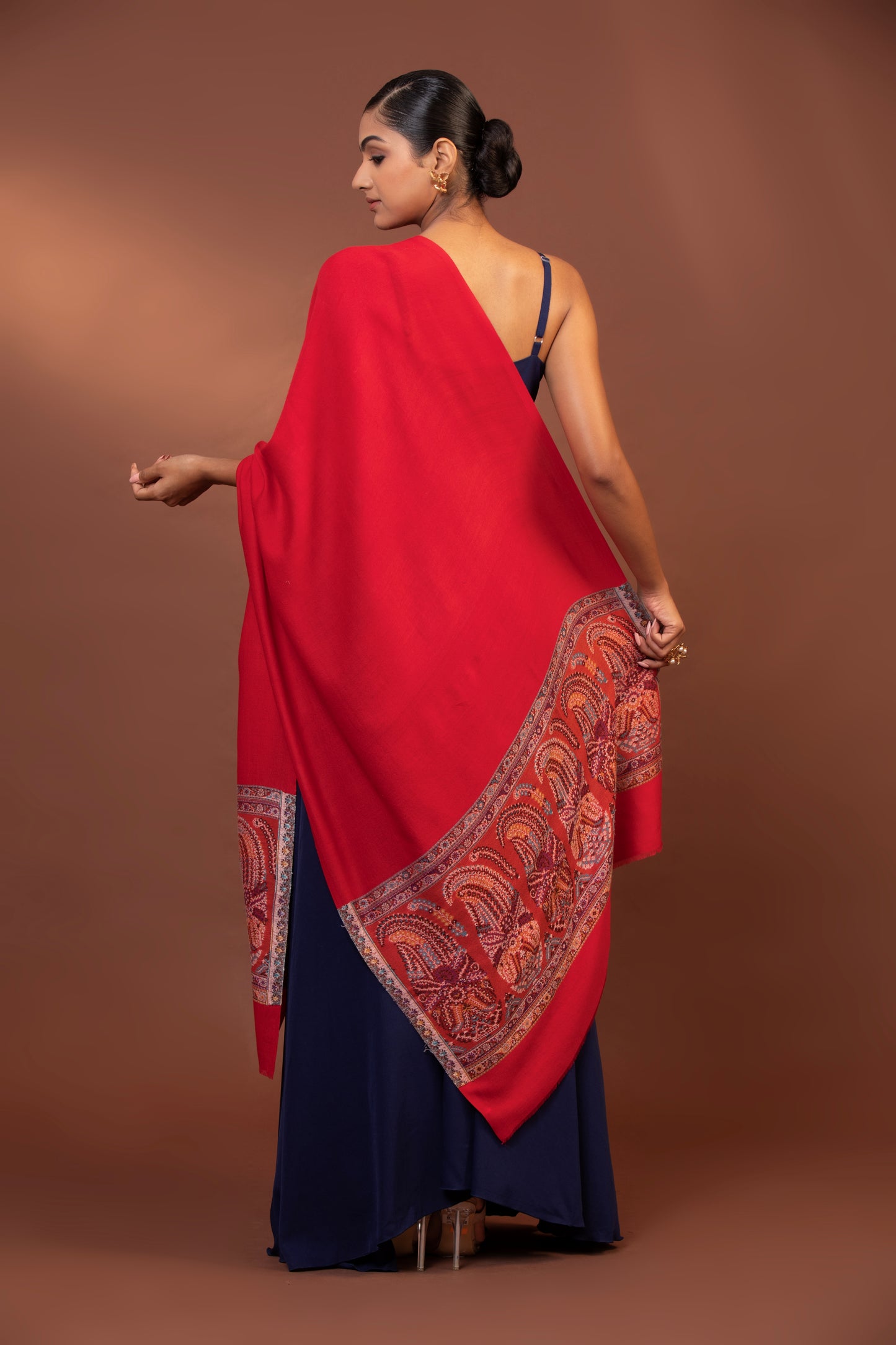 red wool shawl, embroidered border shawl, fine wool wrap, luxury women's shawl, elegant shawl