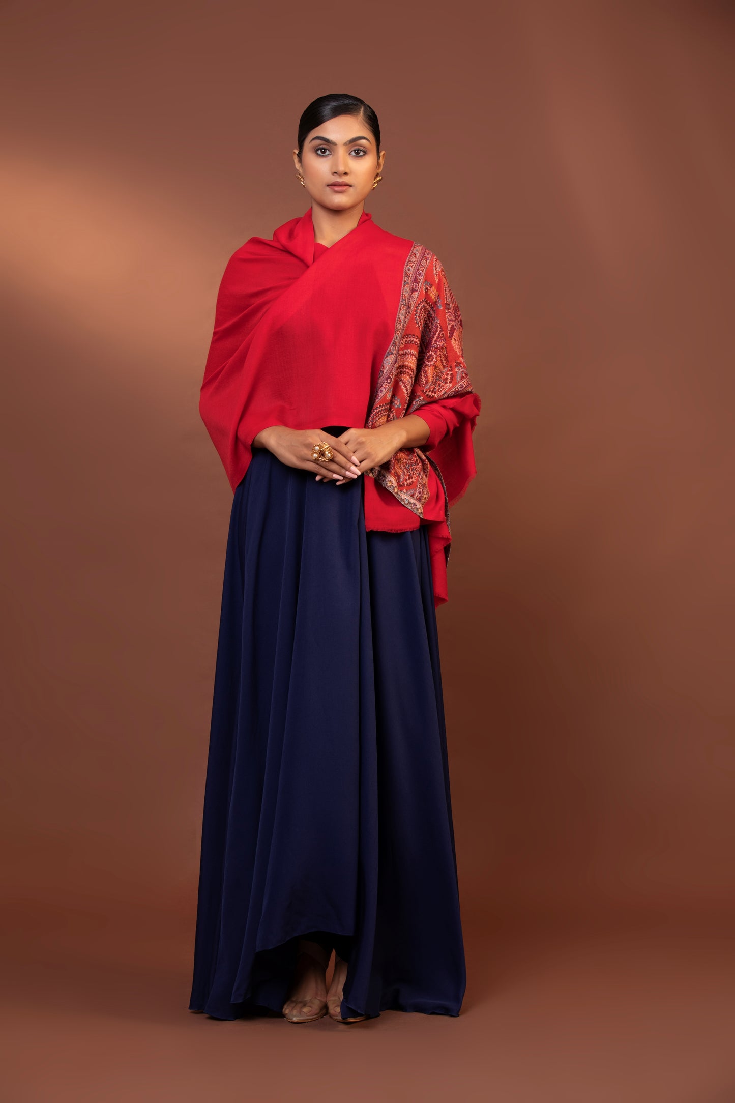 red wool shawl, embroidered border shawl, fine wool wrap, luxury women's shawl, elegant shawl