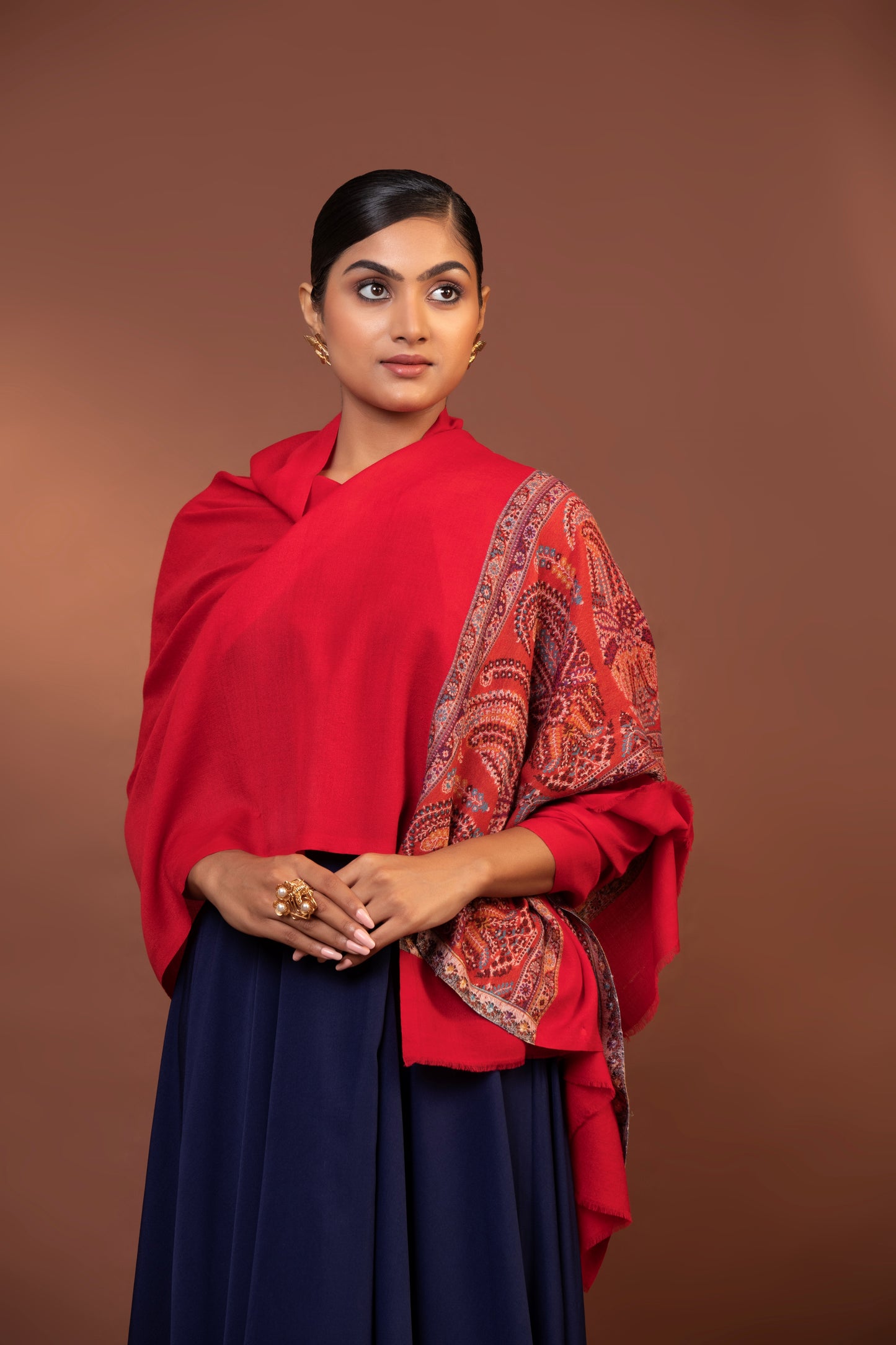 red wool shawl, embroidered border shawl, fine wool wrap, luxury women's shawl, elegant shawl