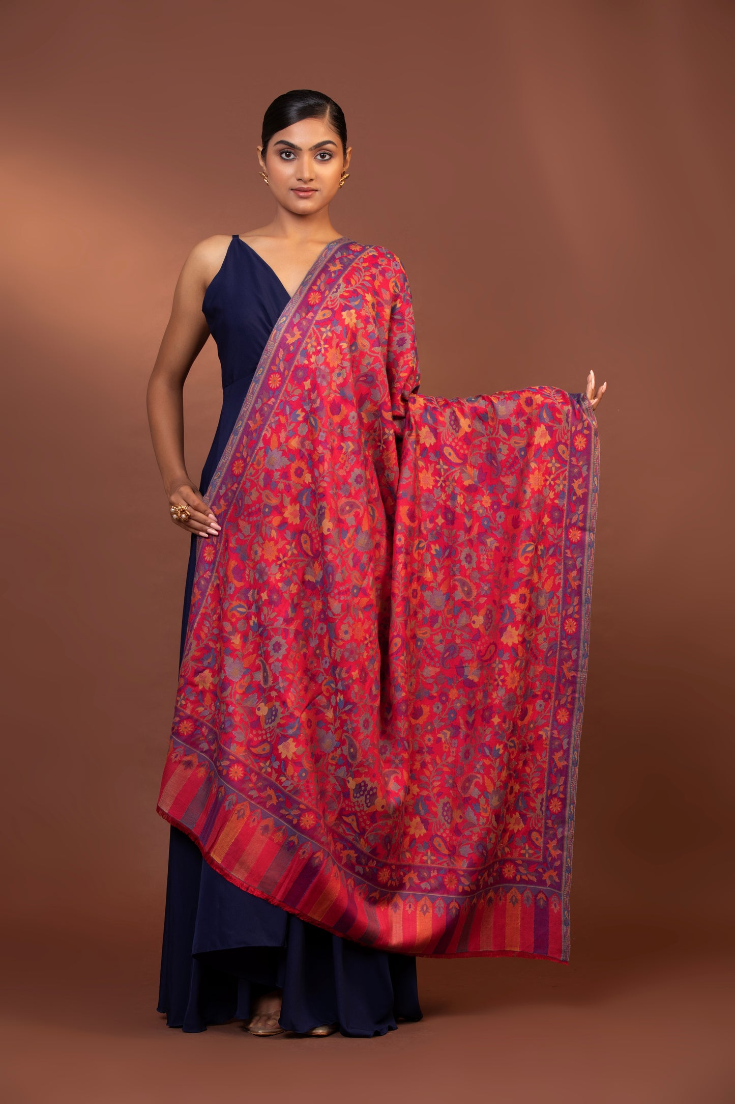 Kani weave shawl, Imperial Red stole, Kashmiri embroidery shawl, women's woollen stole, soft warm shawl