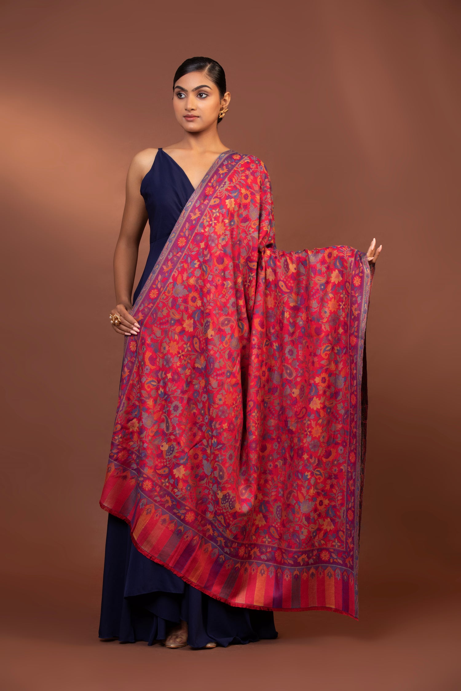 Kani weave shawl, Imperial Red stole, Kashmiri embroidery shawl, women's woollen stole, soft warm shawl