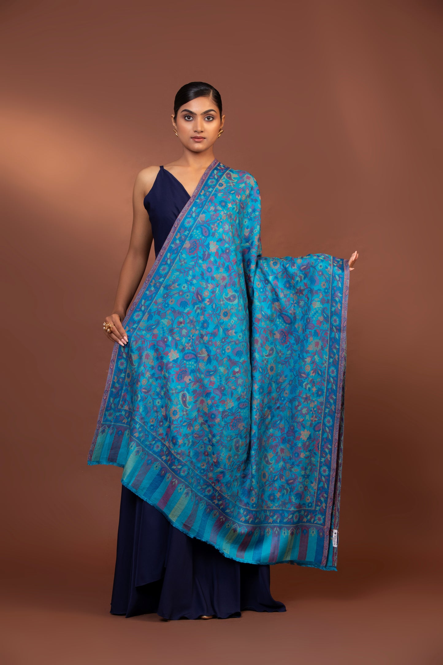 blue viscose shawl, embroidered women’s shawl, striped border shawl, elegant women’s wrap, soft viscose shawl