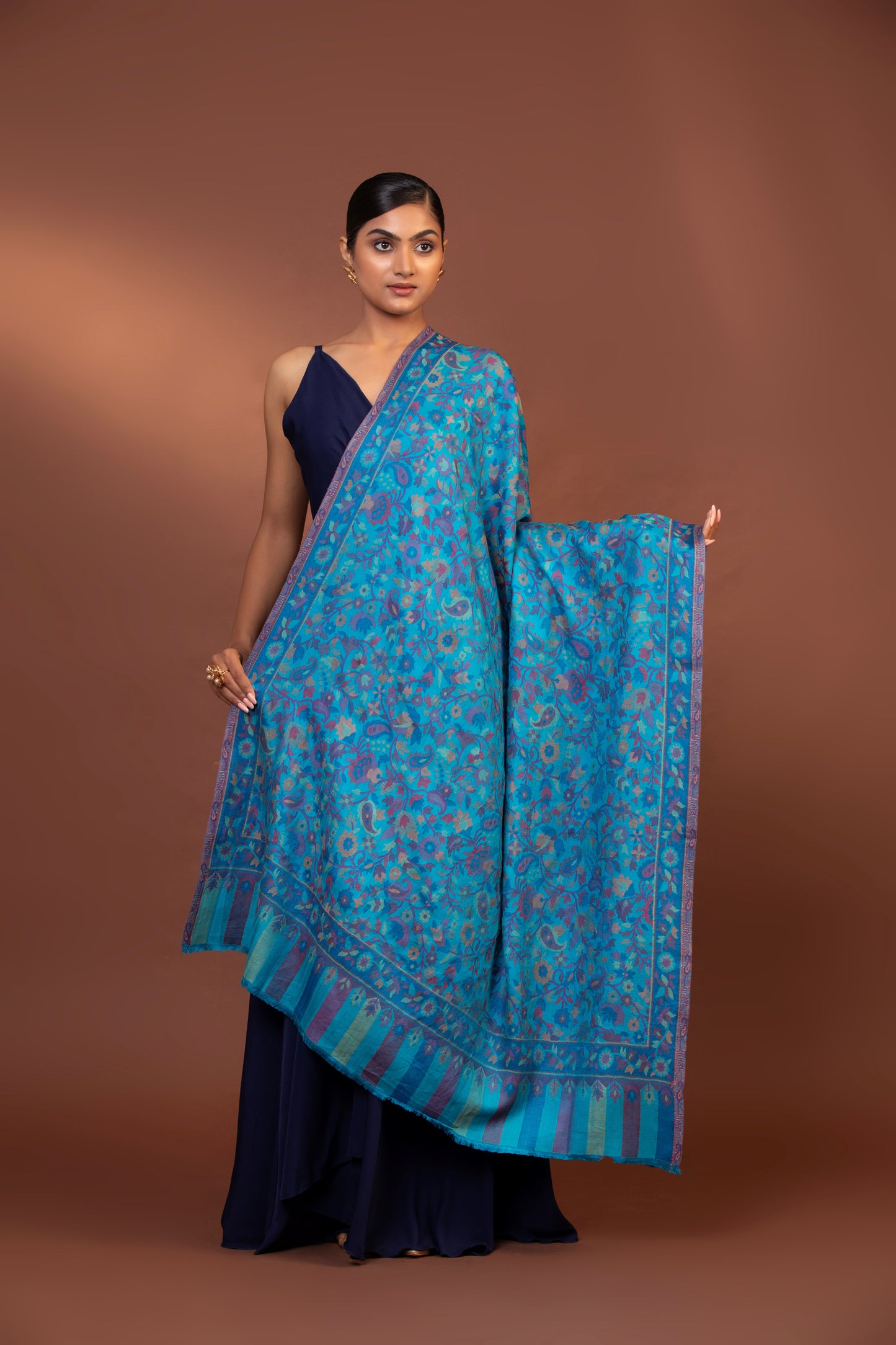 blue viscose shawl, embroidered women’s shawl, striped border shawl, elegant women’s wrap, soft viscose shawl
