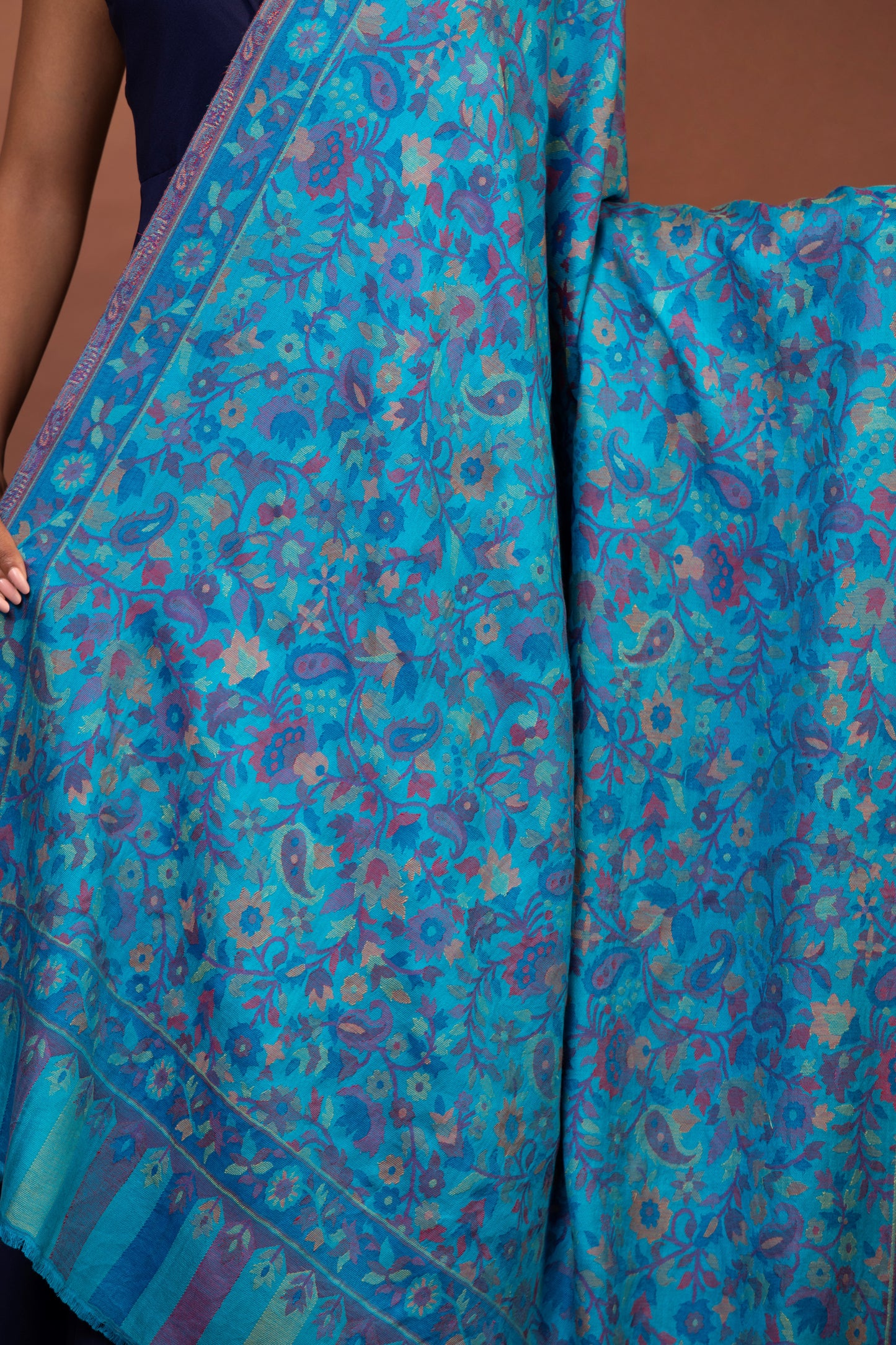 blue viscose shawl, embroidered women’s shawl, striped border shawl, elegant women’s wrap, soft viscose shawl