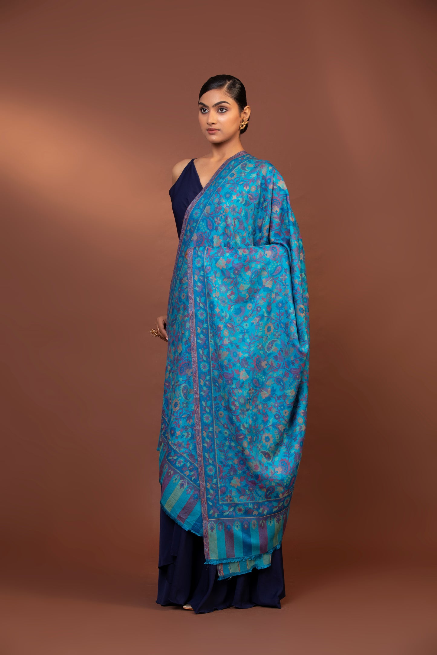 blue viscose shawl, embroidered women’s shawl, striped border shawl, elegant women’s wrap, soft viscose shawl