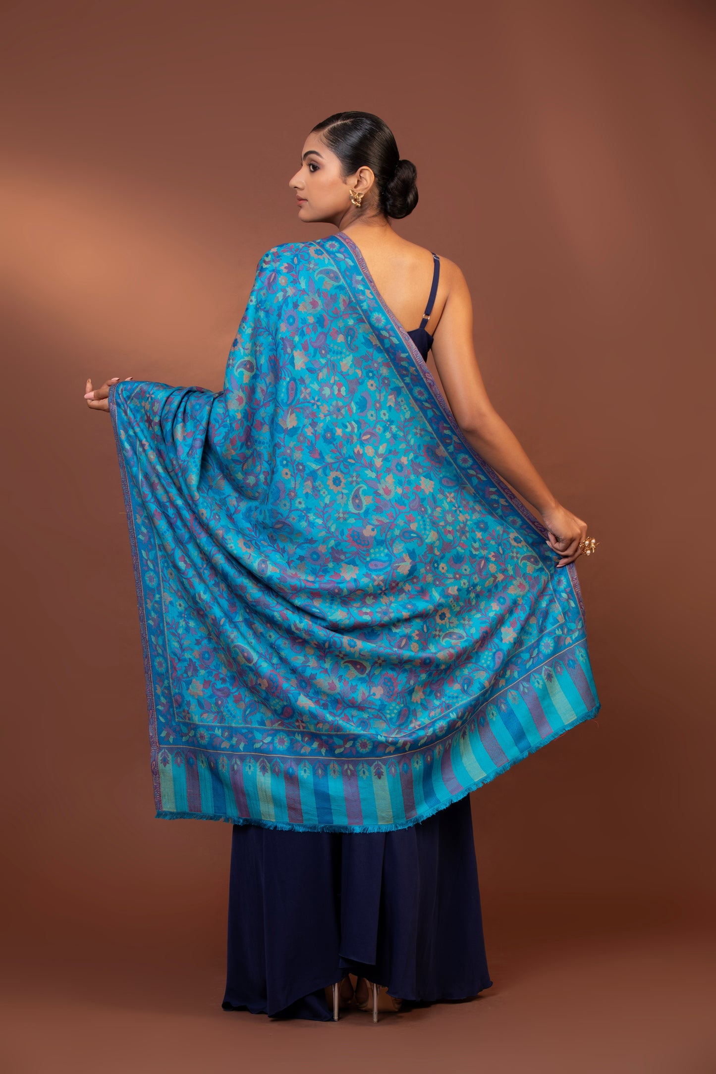 blue viscose shawl, embroidered women’s shawl, striped border shawl, elegant women’s wrap, soft viscose shawl