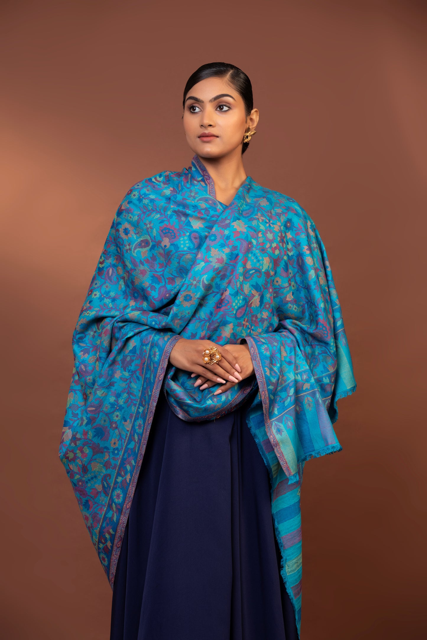 blue viscose shawl, embroidered women’s shawl, striped border shawl, elegant women’s wrap, soft viscose shawl