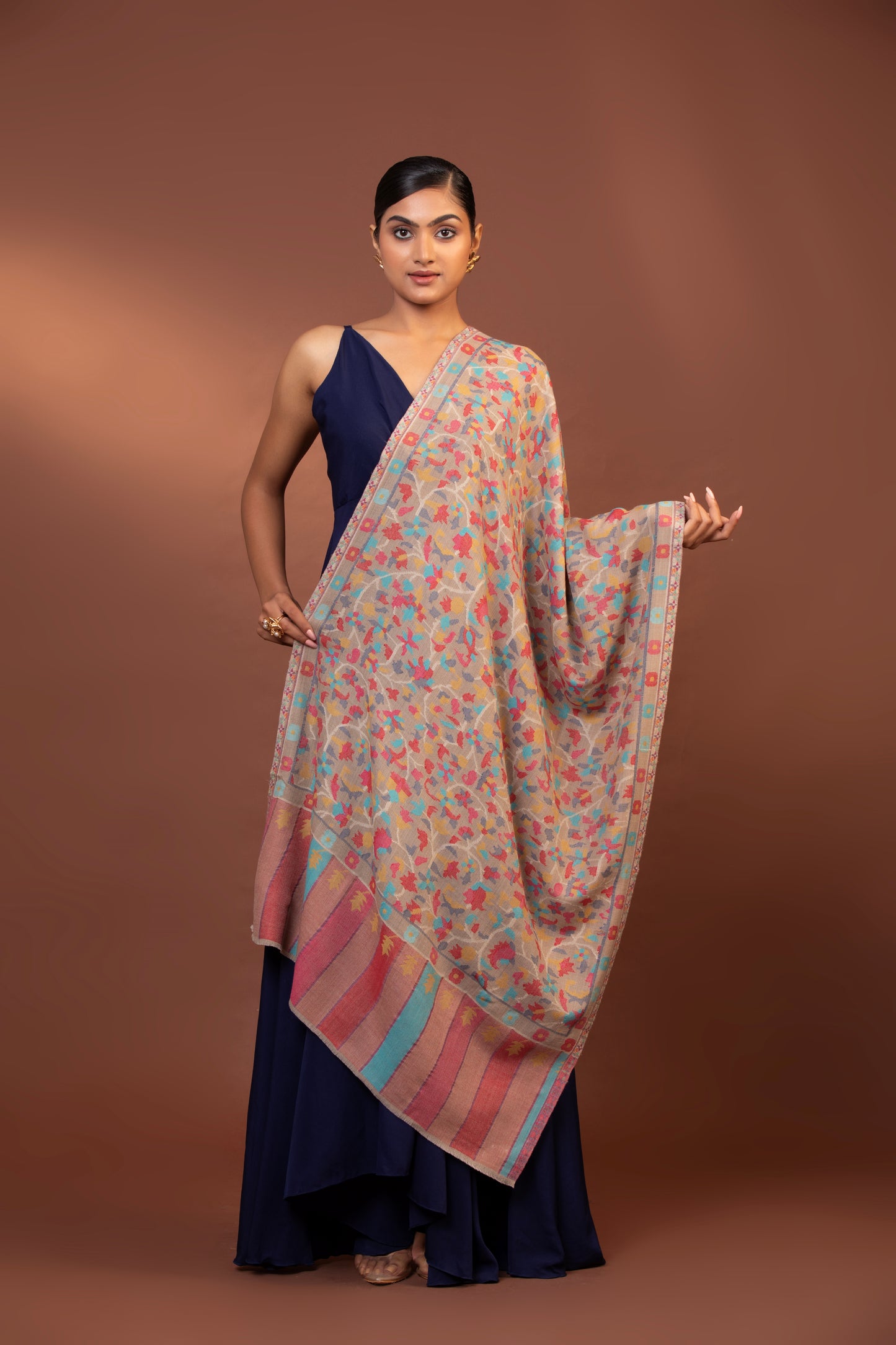 two-color Kani shawl, fine wool shawl, striped border shawl, Kani weave wrap, luxury wool shawl
