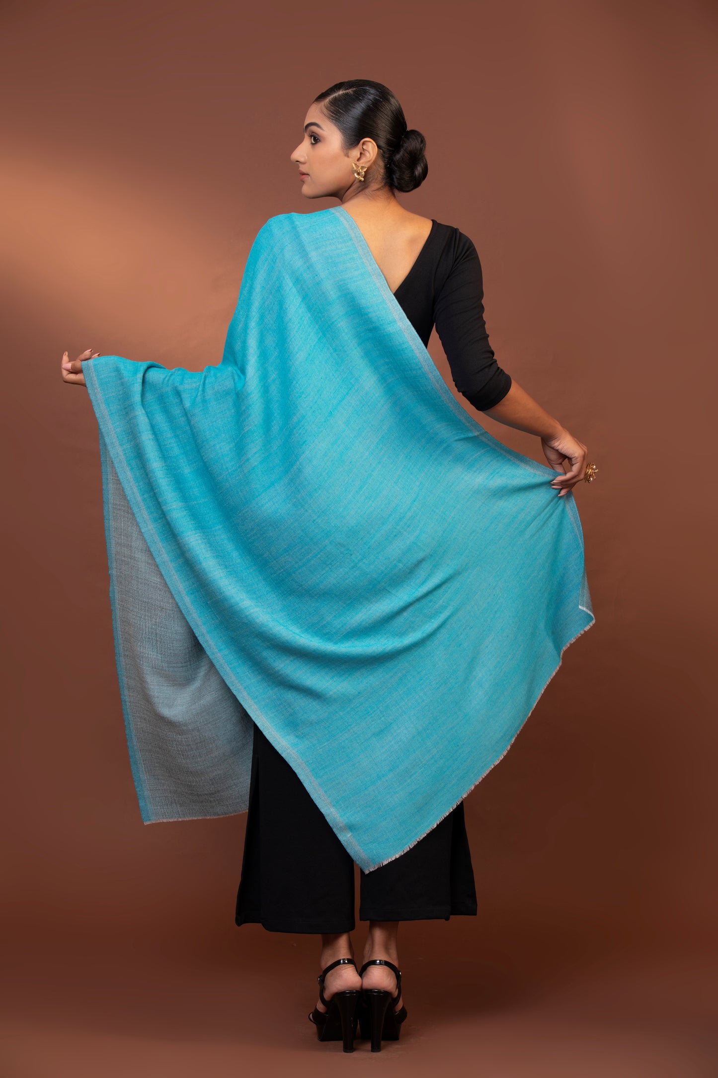 reversible shawl, fine wool wrap, blue and grey shawl, lightweight wool shawl, elegant wool shawl