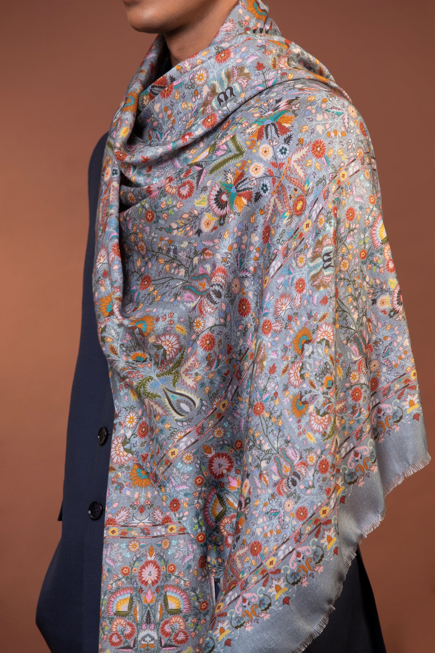 Close-up of Kashmiri floral design on viscose shawl