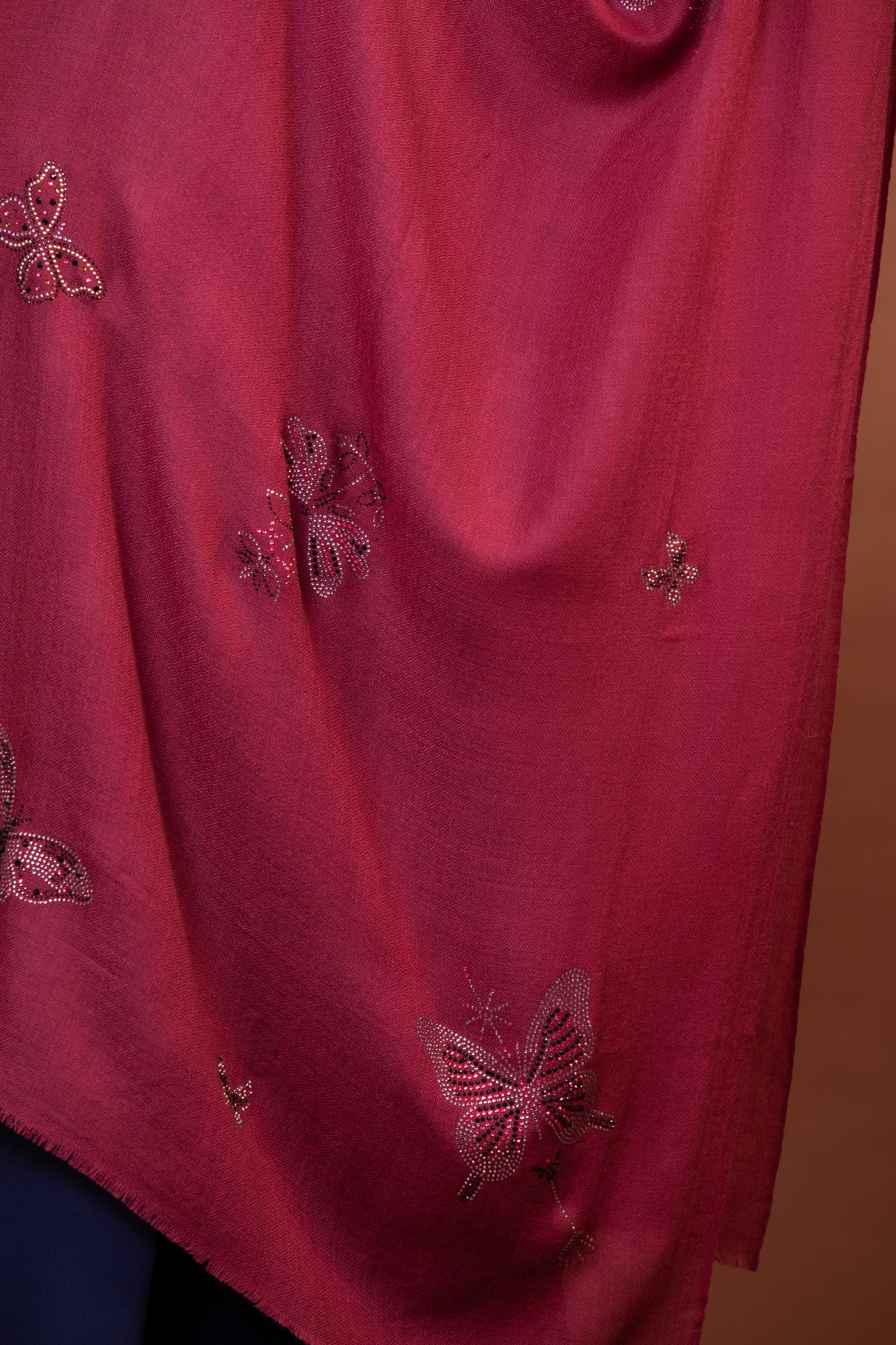pink wool shawl, embroidered sequin shawl, butterfly wool shawl, women’s fashion accessory, elegant wool wrap