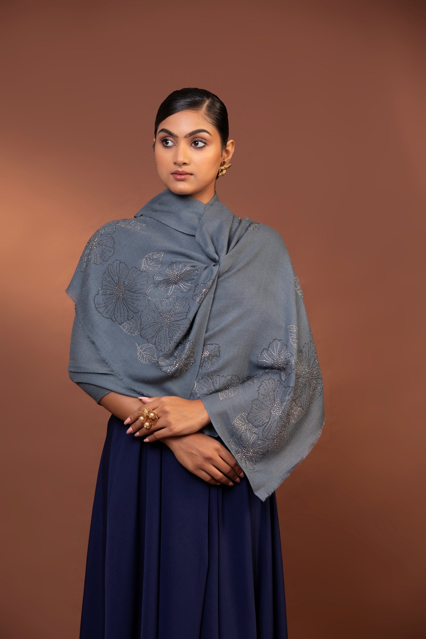 floral wool shawl, hand embroidered shawl, grey fine wool shawl, bead embellished shawl, luxury wool accessory