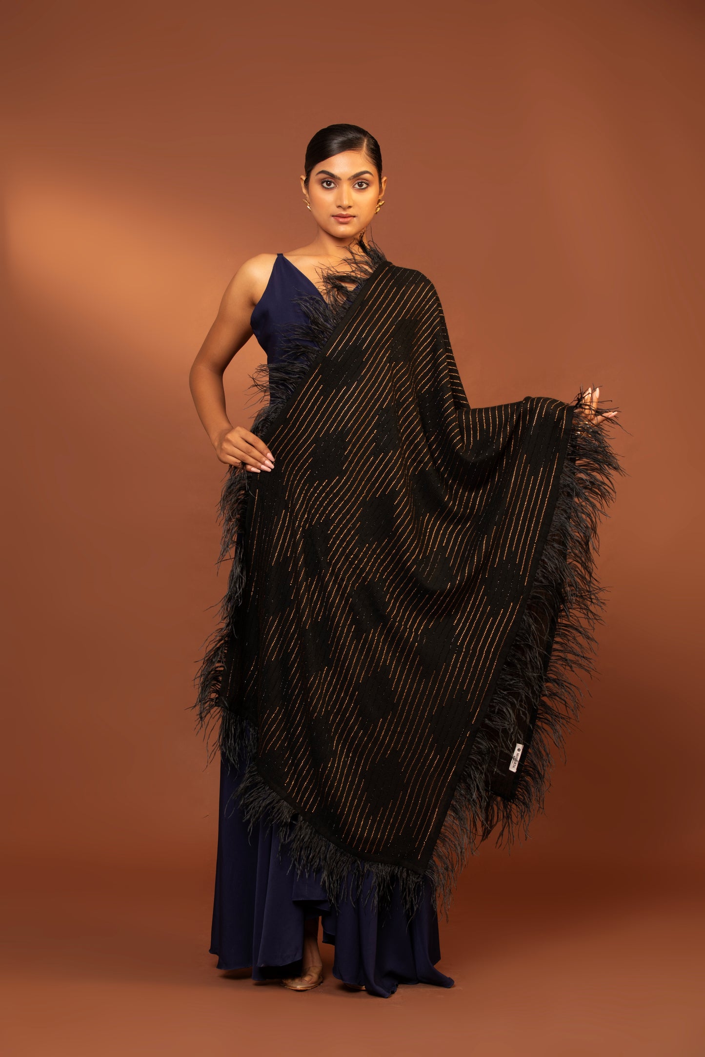 black wool shawl, feather border shawl, fine wool wrap, elegant wool shawl, stylish feather design