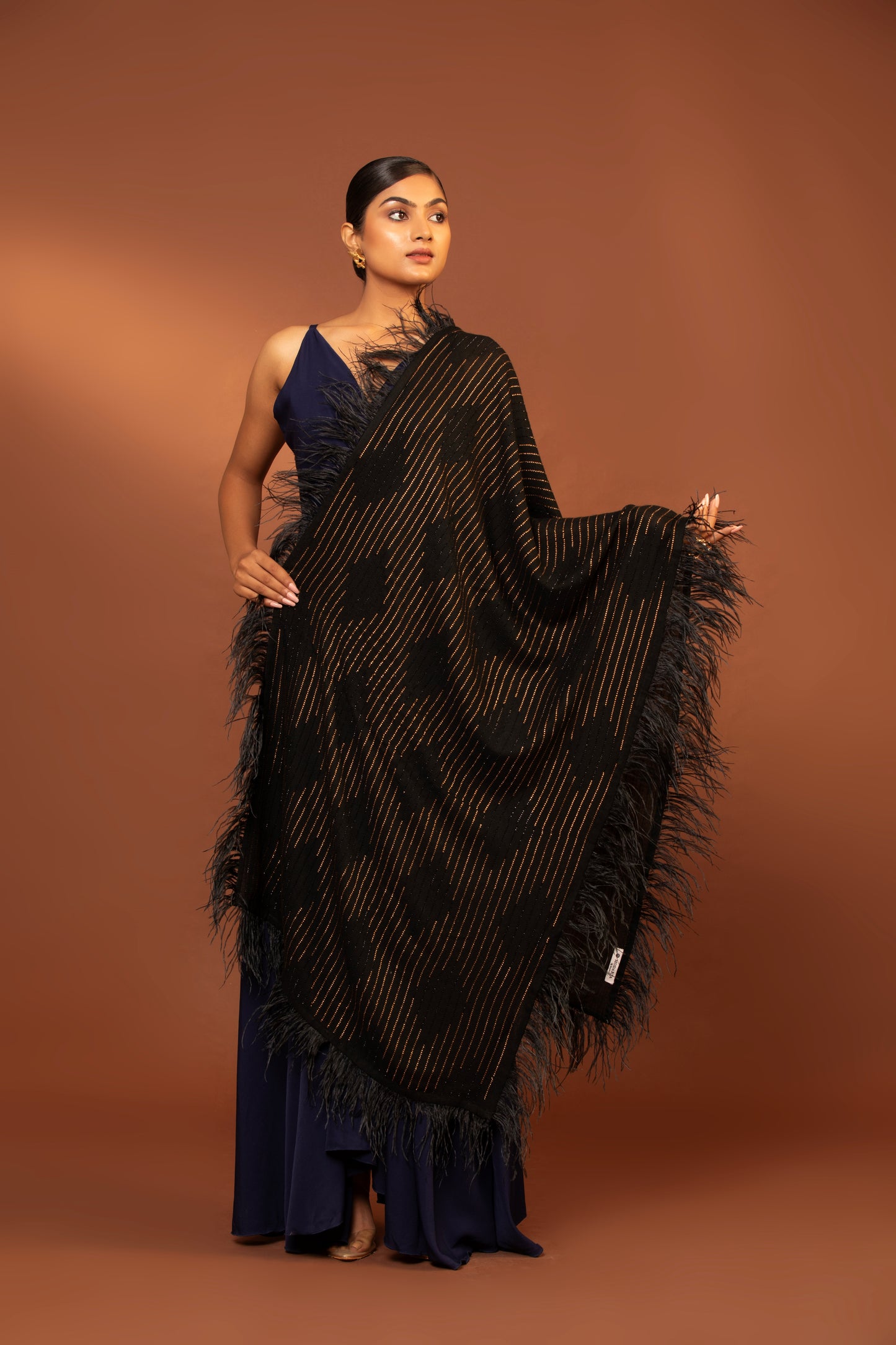 black wool shawl, feather border shawl, fine wool wrap, elegant wool shawl, stylish feather design