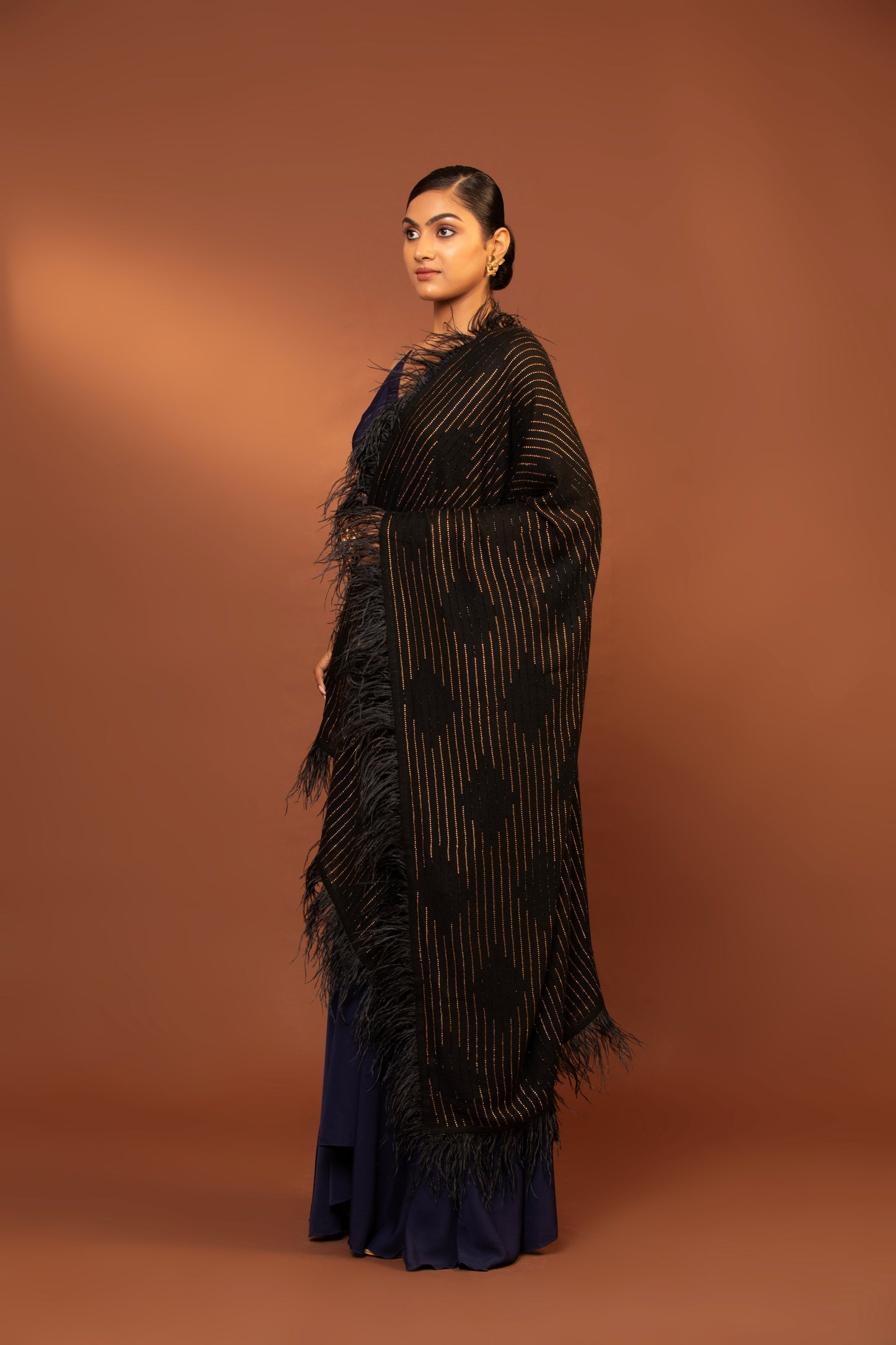 black wool shawl, feather border shawl, fine wool wrap, elegant wool shawl, stylish feather design