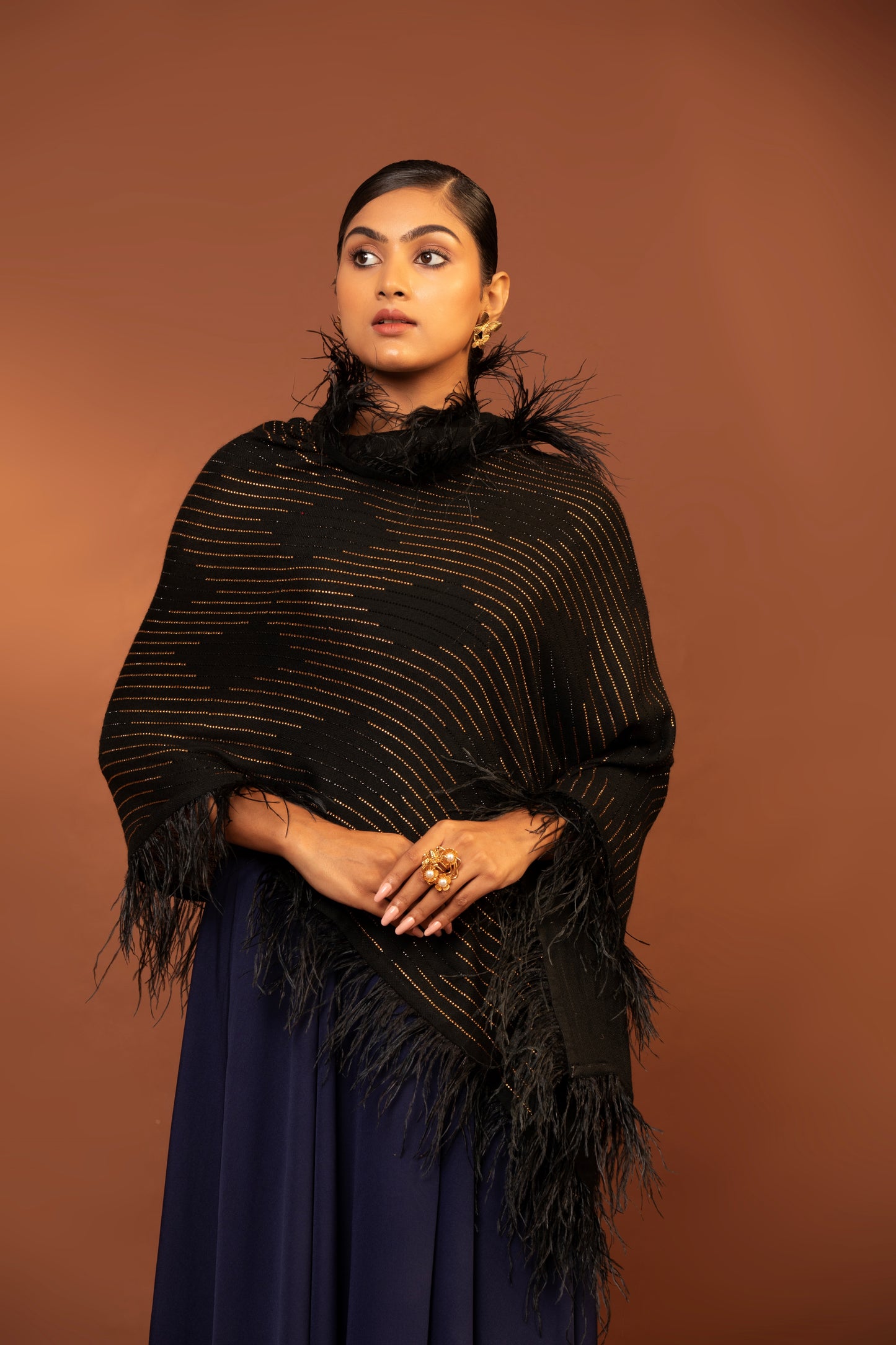 black wool shawl, feather border shawl, fine wool wrap, elegant wool shawl, stylish feather design
