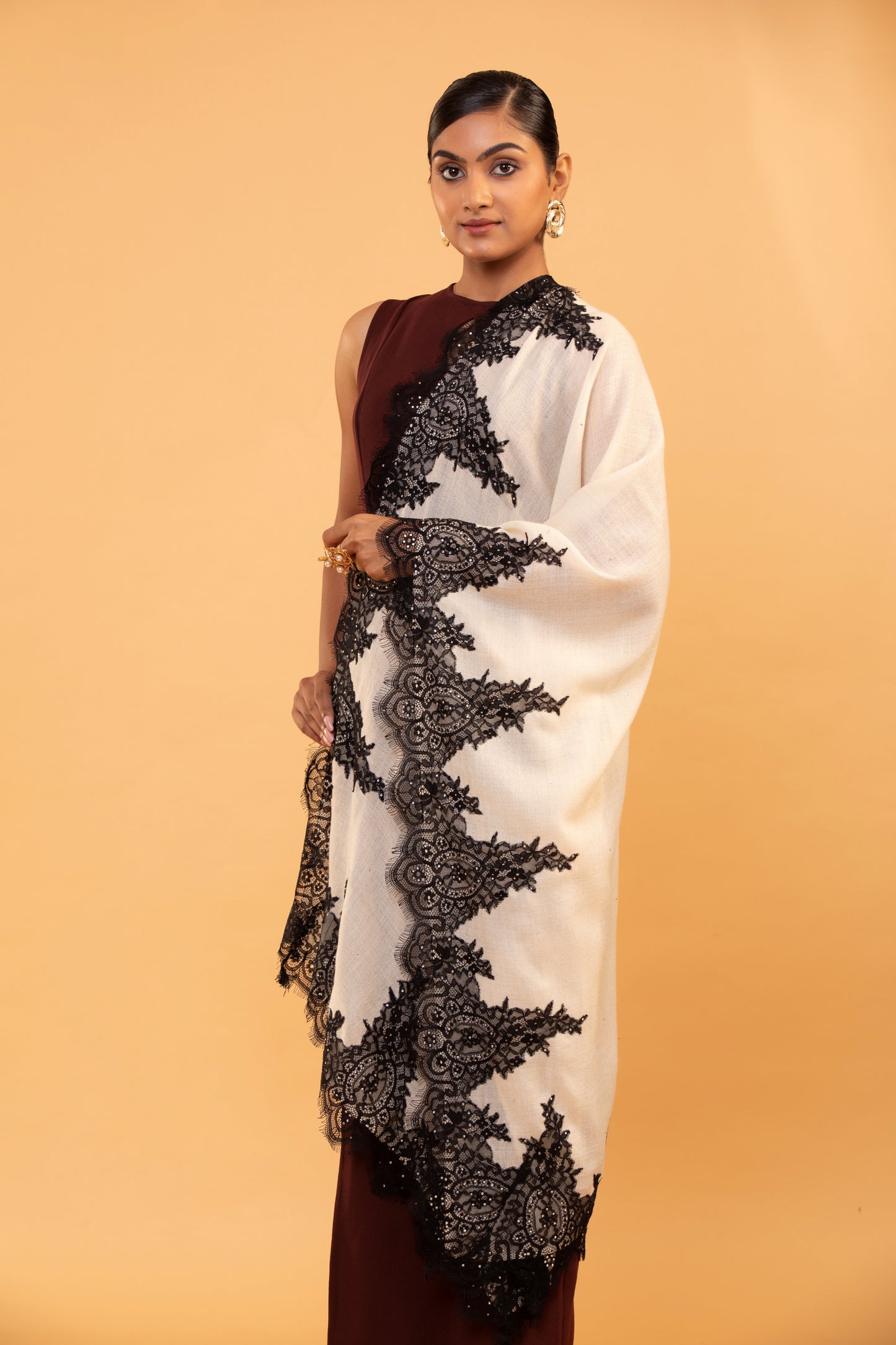 women's white shawl, black lace shawl, elegant shawl for women, stylish shawl with lace, formal white shawl