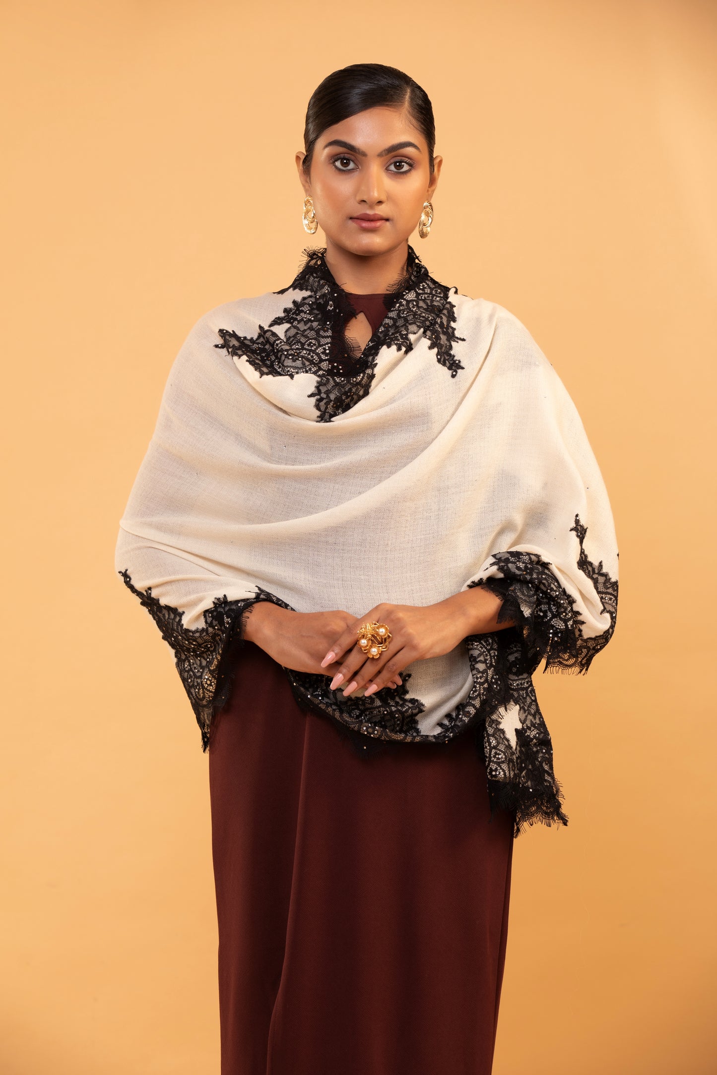 women's white shawl, black lace shawl, elegant shawl for women, stylish shawl with lace, formal white shawl