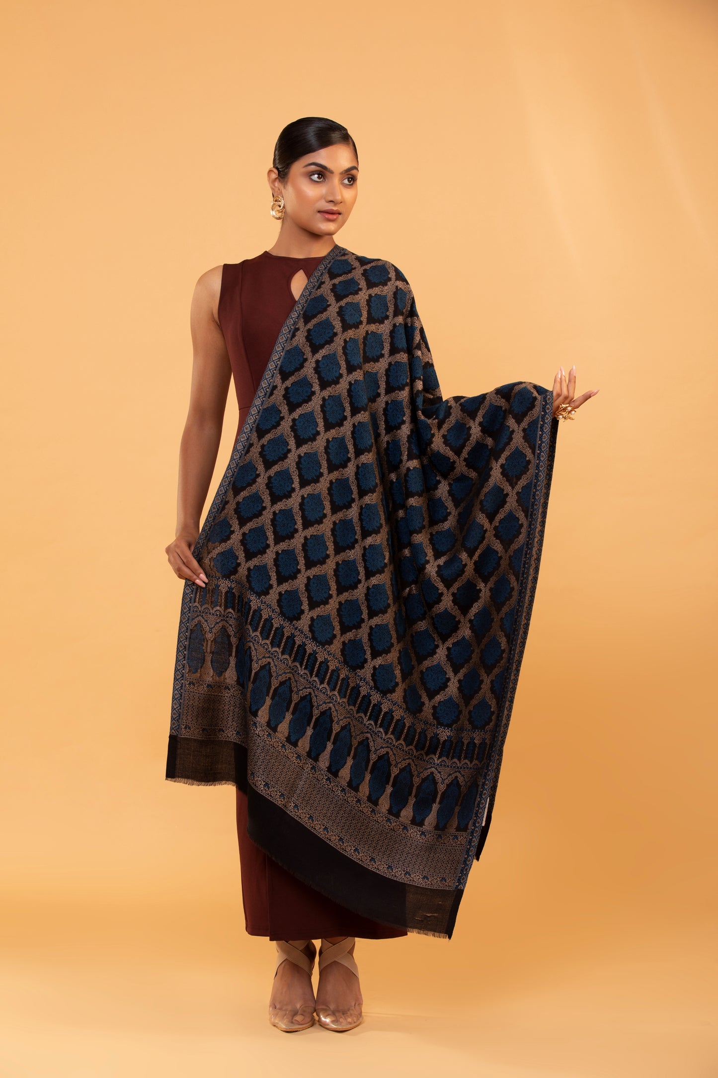 geometric pattern shawl, fine wool shawl, elegant women's shawl, luxury wool wrap, designer shawl