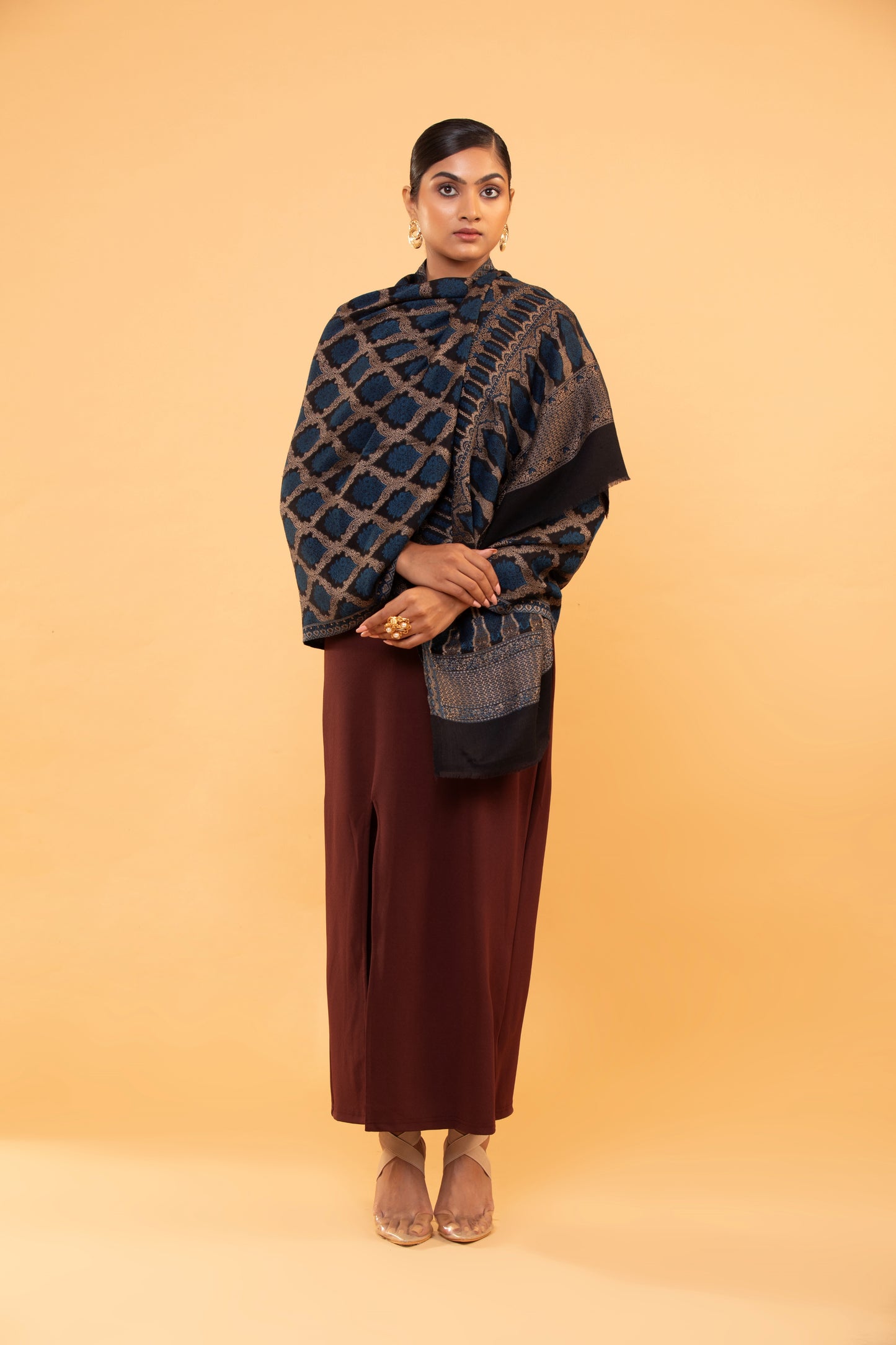 geometric pattern shawl, fine wool shawl, elegant women's shawl, luxury wool wrap, designer shawl