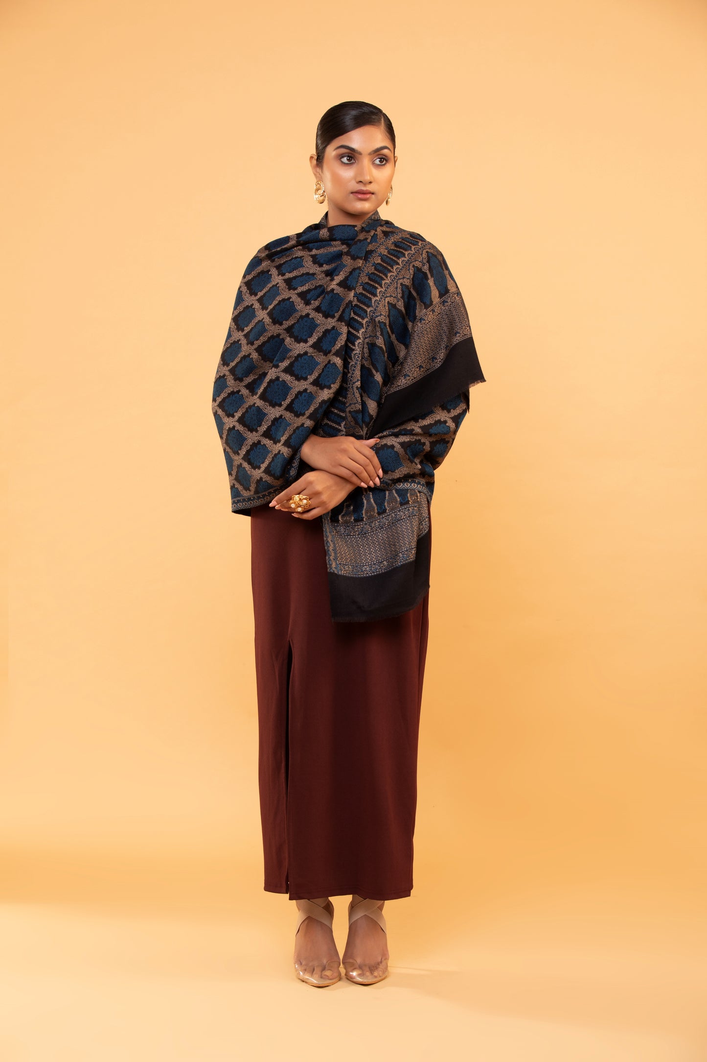 geometric pattern shawl, fine wool shawl, elegant women's shawl, luxury wool wrap, designer shawl