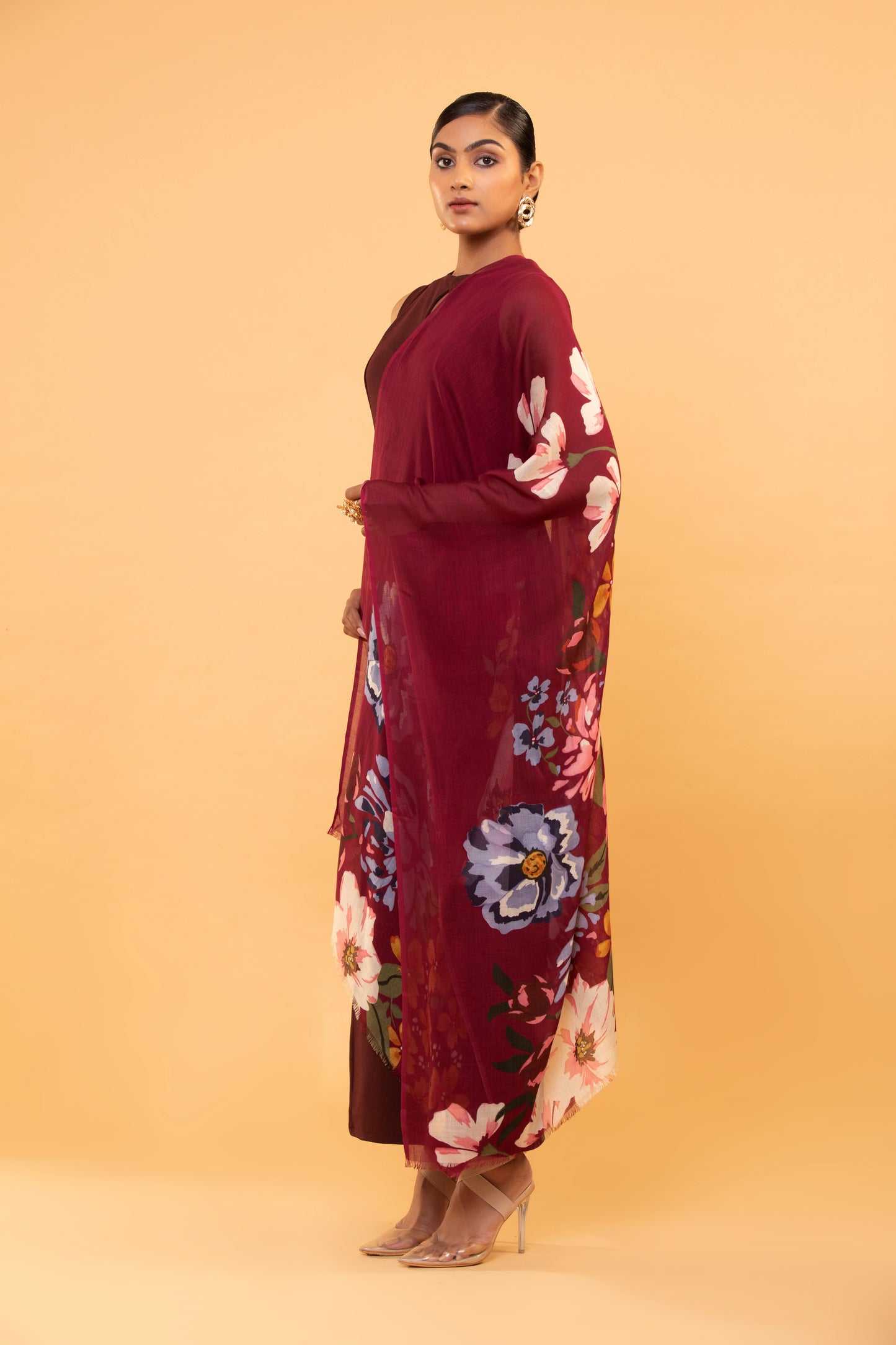 red floral shawl, women’s wool shawl, floral print shawl, cozy wool shawl, elegant red shawl