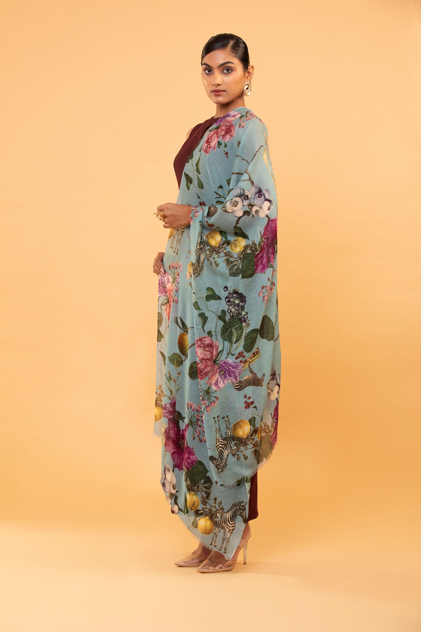 turquoise floral shawl, hand-painted wool shawl, women’s floral shawl, elegant wool shawl, blue floral scarf