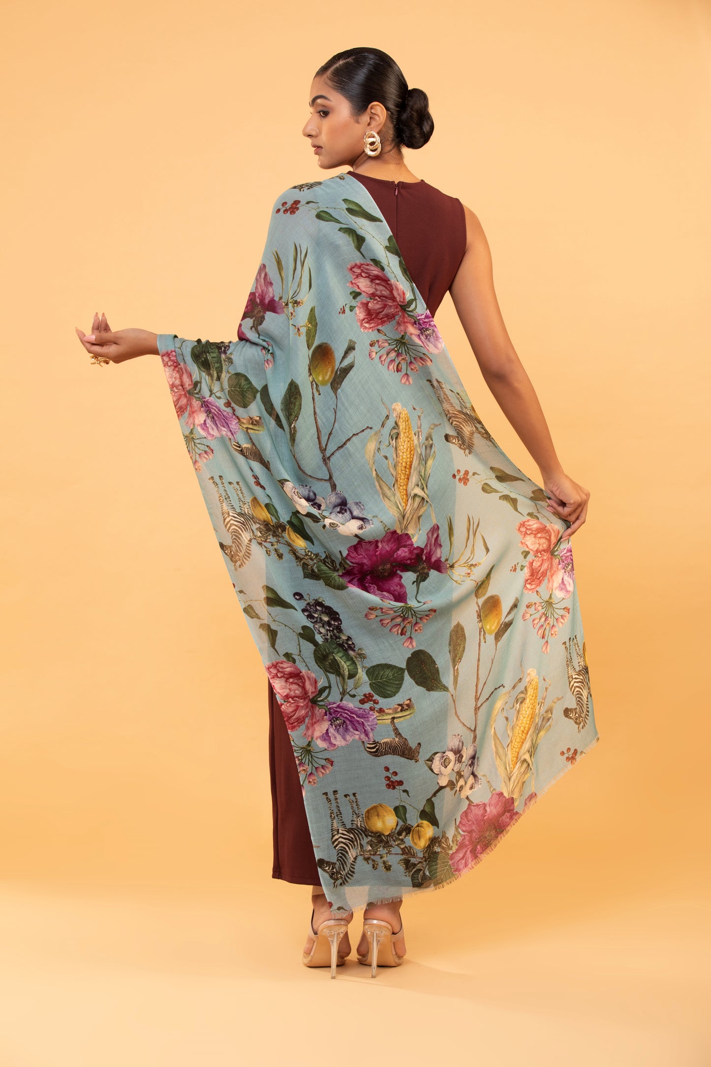 turquoise floral shawl, hand-painted wool shawl, women’s floral shawl, elegant wool shawl, blue floral scarf