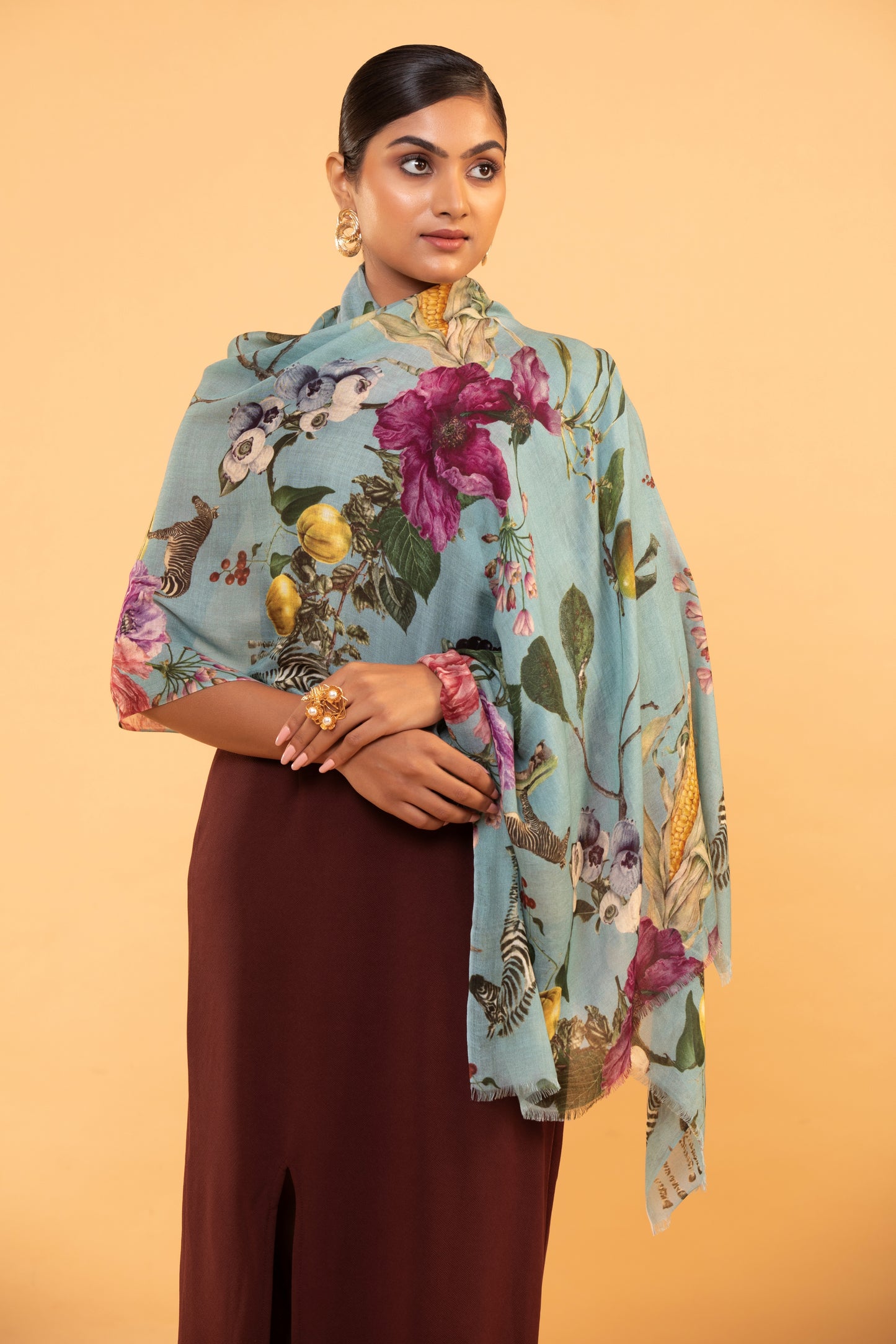 turquoise floral shawl, hand-painted wool shawl, women’s floral shawl, elegant wool shawl, blue floral scarf